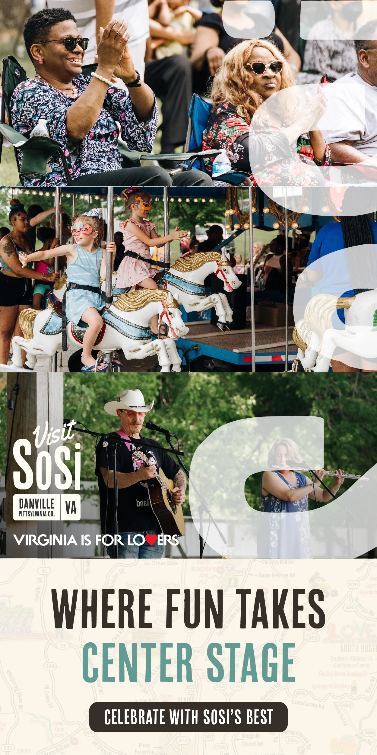 A collage of three images from a festival event. The top image shows two women sitting outdoors, enjoying the event, one clapping and smiling, the other with a serious face, both wearing sunglasses. The middle image features children wearing face mas