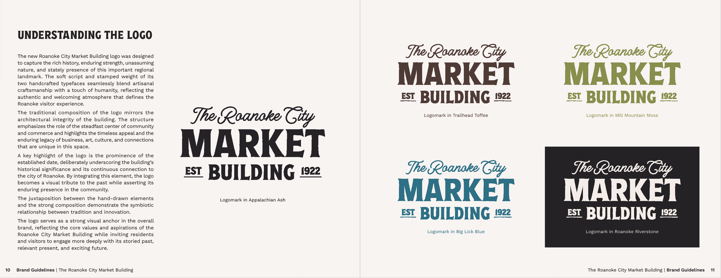 Examples of logo designs for the Roanoke City Market Building, showcasing different font styles and color schemes with a descriptive paragraph about the logo's design elements and significance.