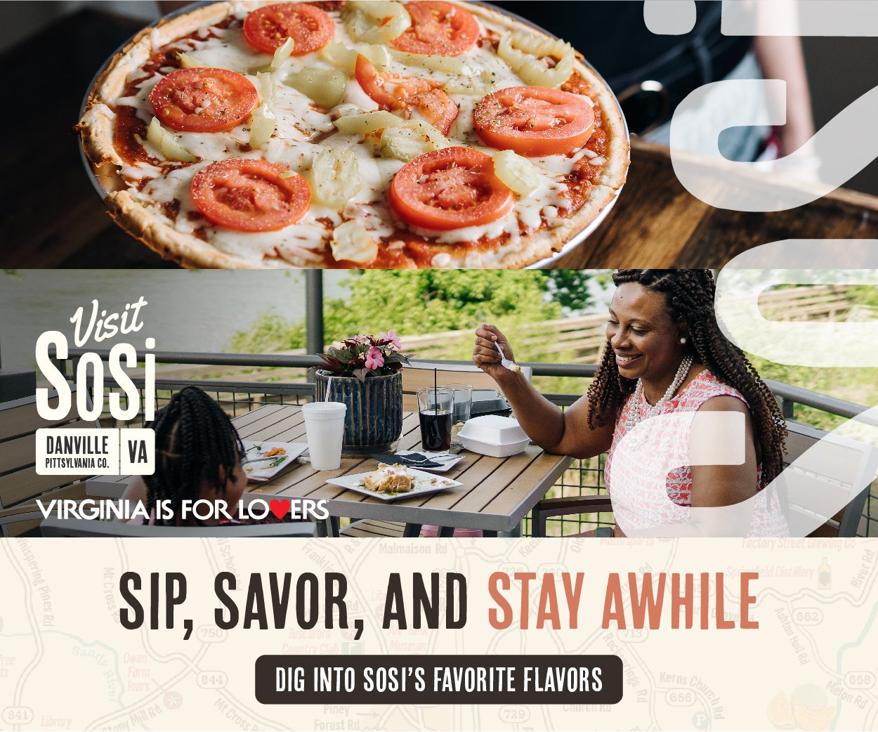A woman enjoying a meal outdoors on a balcony with a child, with text promoting SOSI in Danville, Virginia, featuring a picture of a pepperoni and vegetable pizza.
