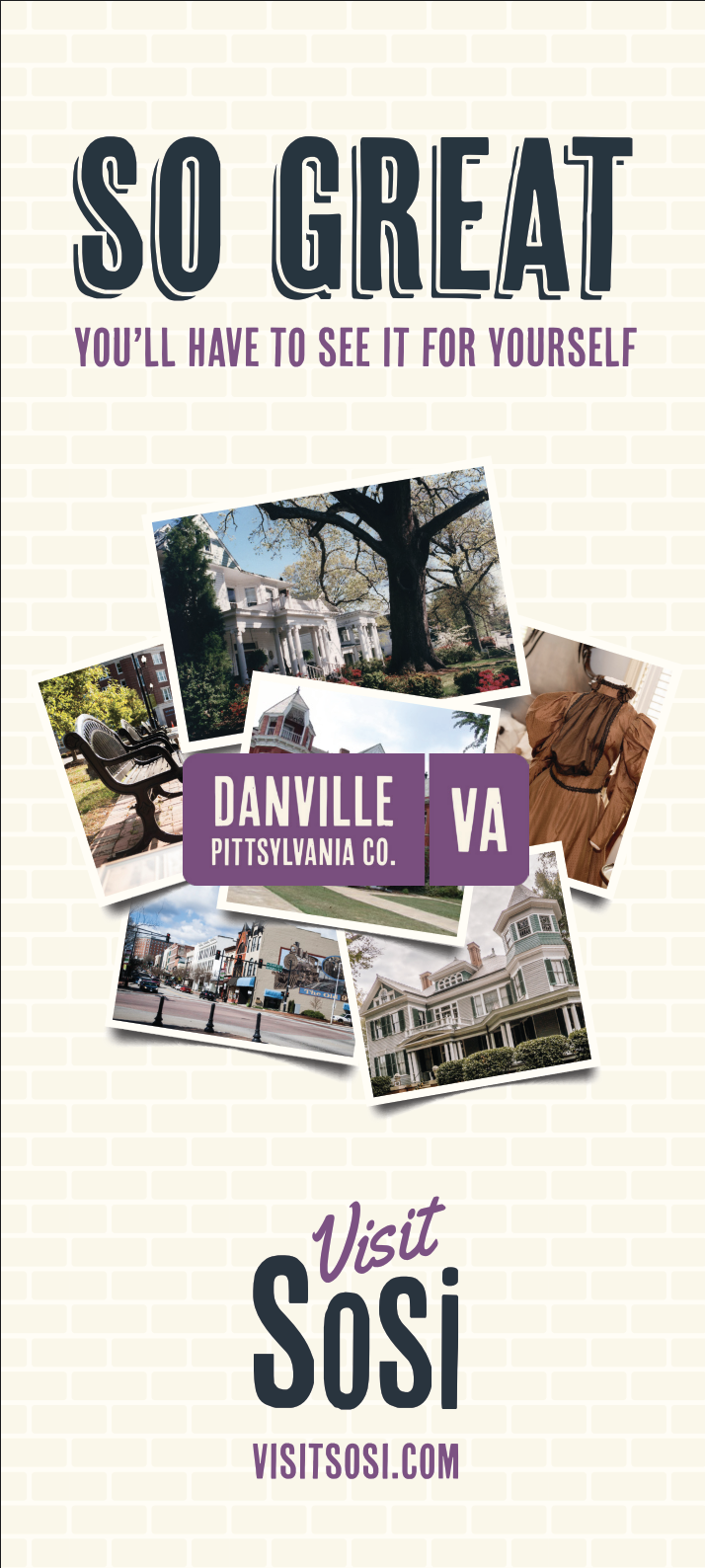 Flyer promoting Danville, Virginia with images of historic buildings, a park, and downtown streets, encouraging people to visit Sosi's website.