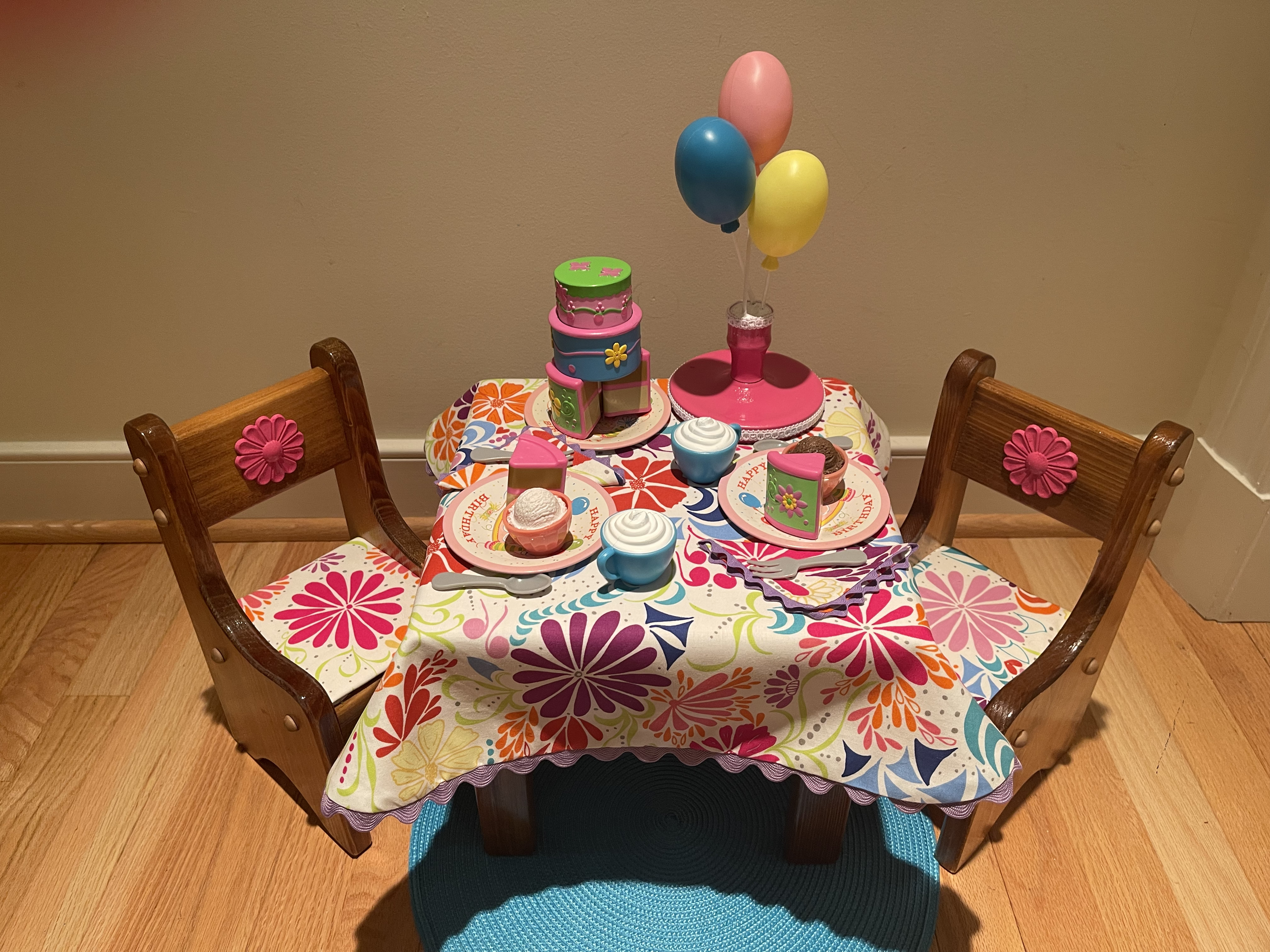 This is a fun birthday table for younger children. The pieces are large and the furniture is durable. The cake has 5 removable slices and ice cream is included. $78