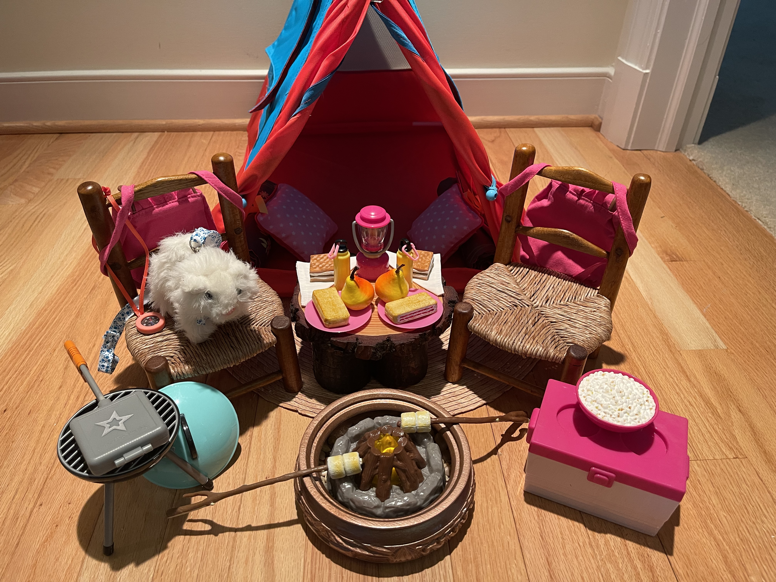 Tent set includes 2 sleeping bags and pillows, outdoor meal, bonfire, grill. $92