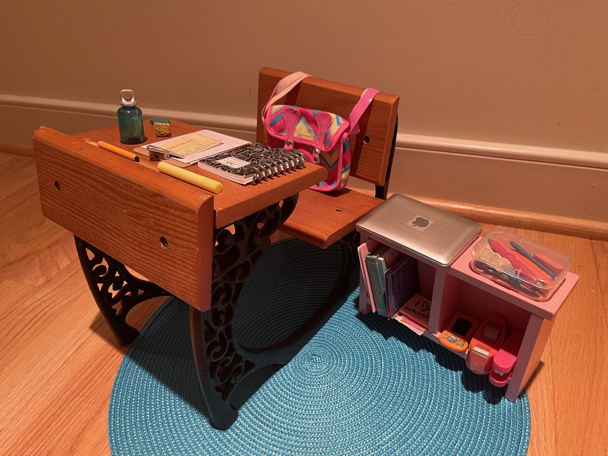 This American Girl wood desk set includes school supplies, work sheets, computer, computer bag, and snacks. $64