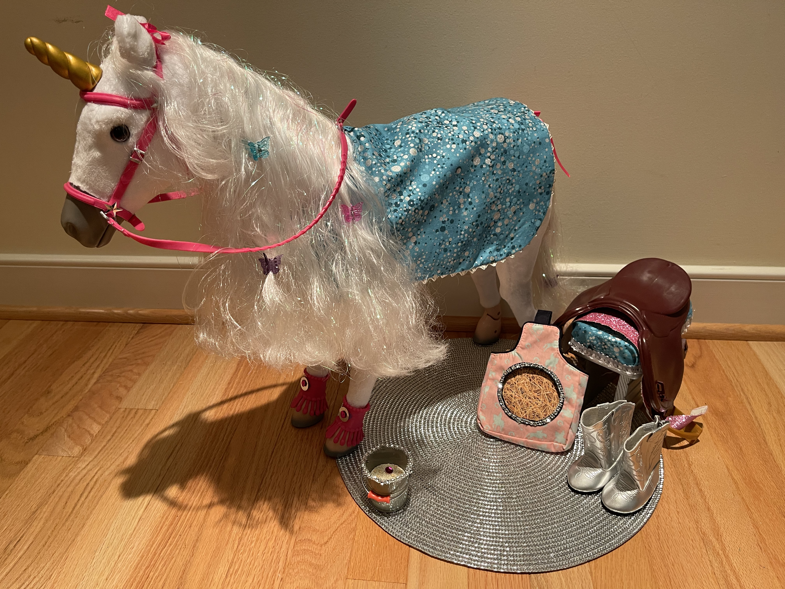 Unicorn 2 This up-cycled unicorn is in perfect shape! the set includes a blanket, saddle, saddle stand, hay, food, boots for 18" doll. $82