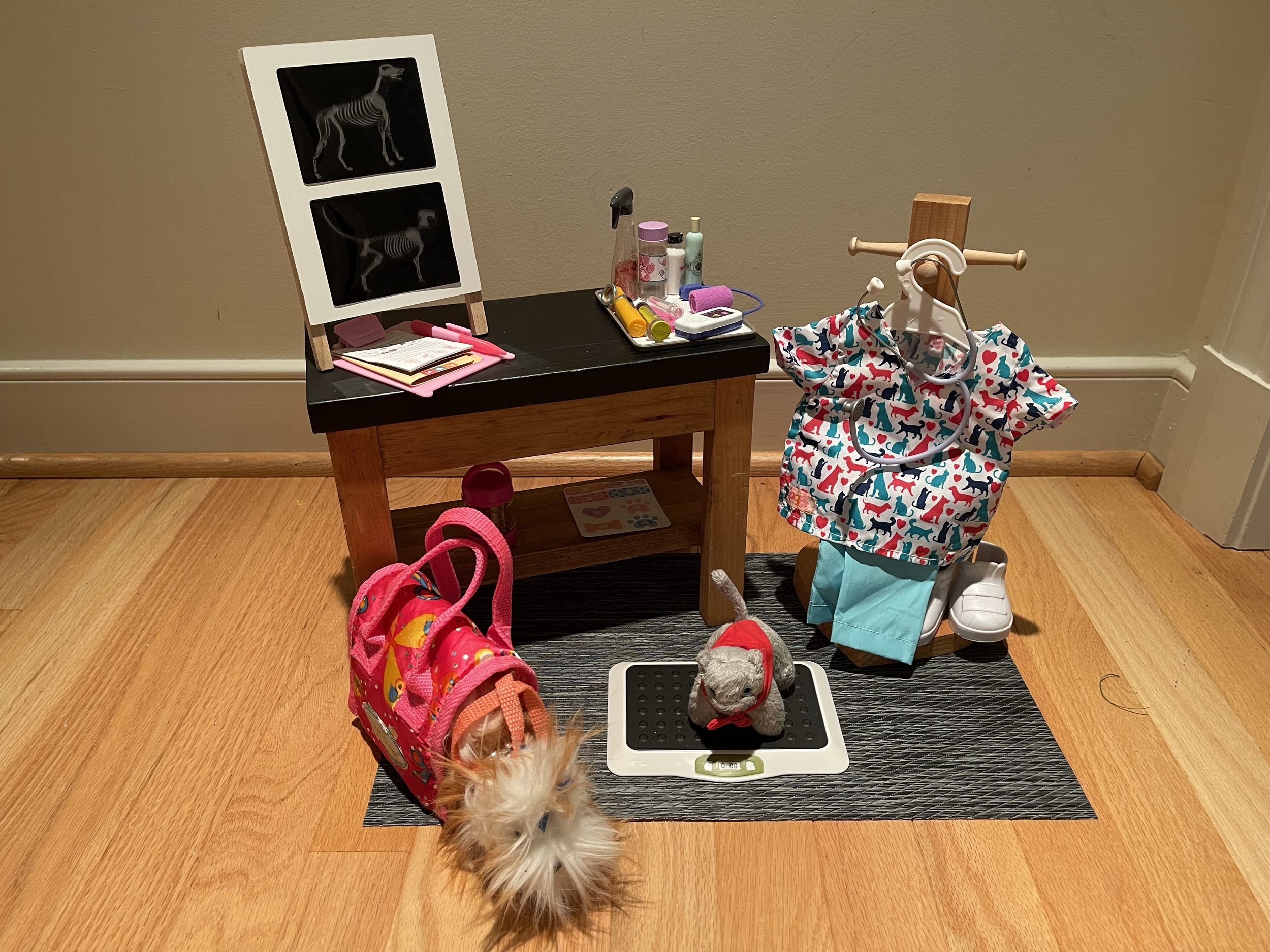 This vet set features X-rays, veterinarian tools, cat, dog, scale, veterinarian uniform and shoes. $68