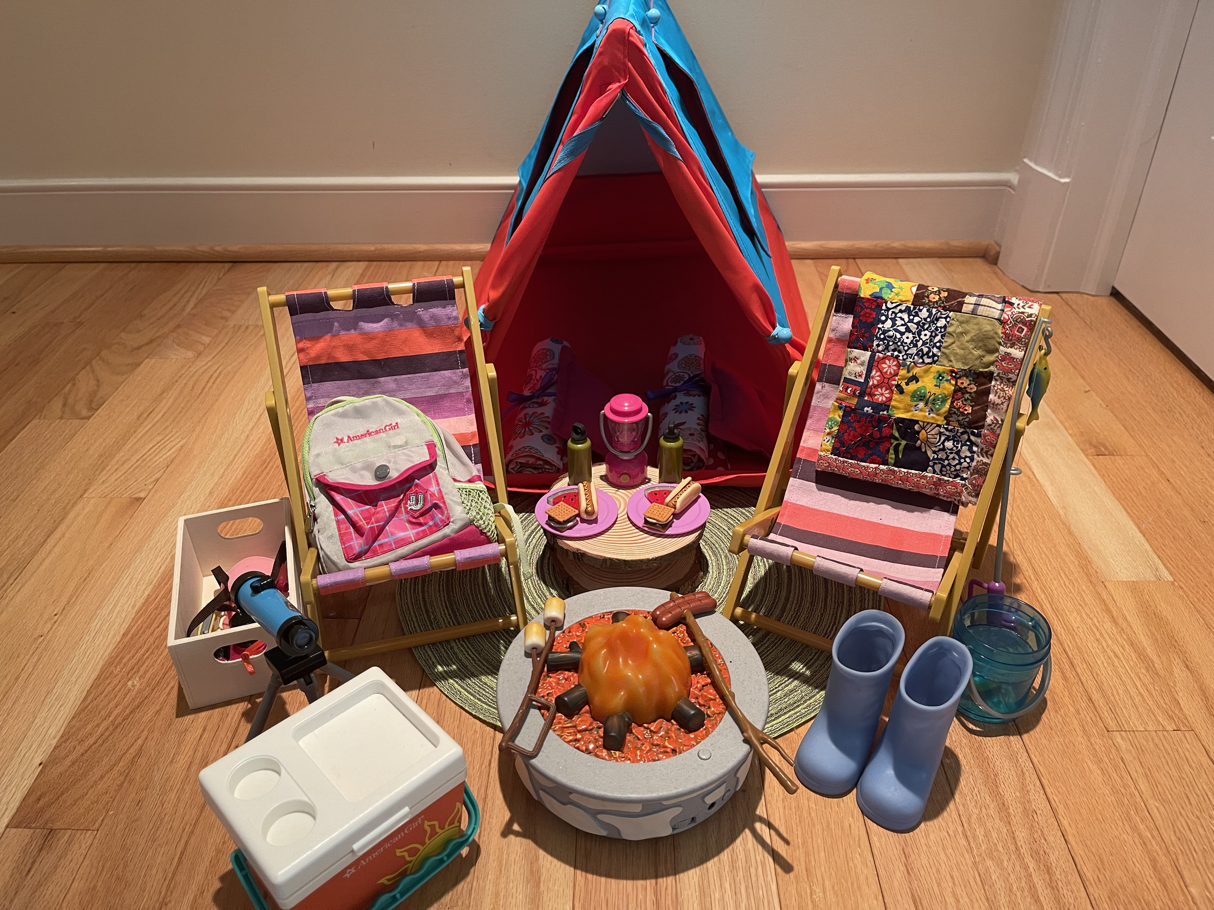 Camping set 2 features tent, 2 sleeping bags, light-up campfire, guitar, cooler, telescope, camping gear, boots, backpack. $112