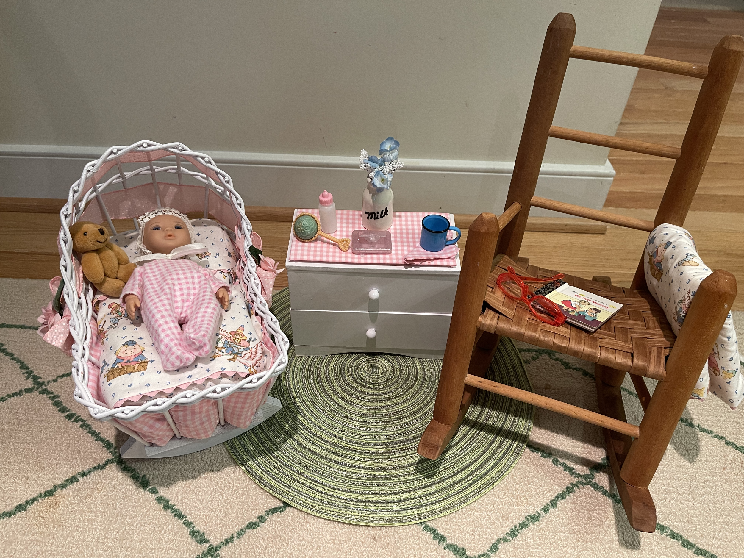 Babysitting Set 2 for 18" dolls features up-cycled crib, small dresser, and vintage rocking chair. Included are bottle, baby, teddy bear, book, rattle, coffee for sitter. $88