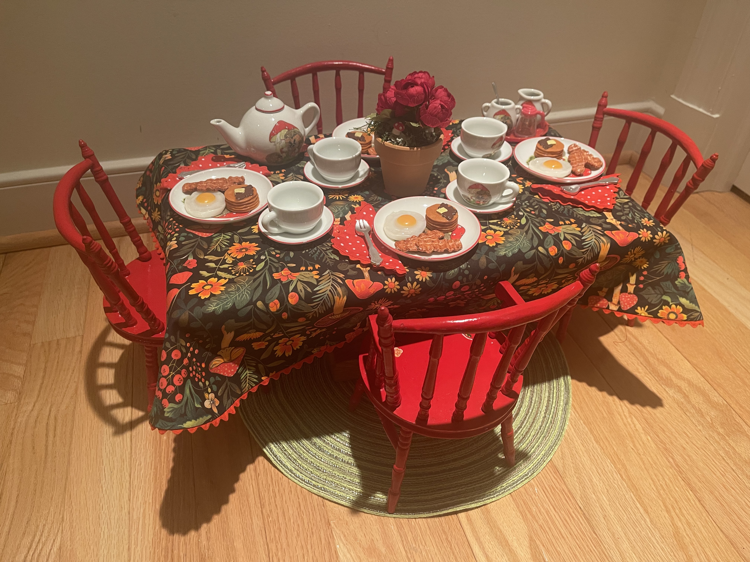 This breakfast set for 4 features a beautiful vintage mushroom dish set. It also includes handpainted chairs. $128