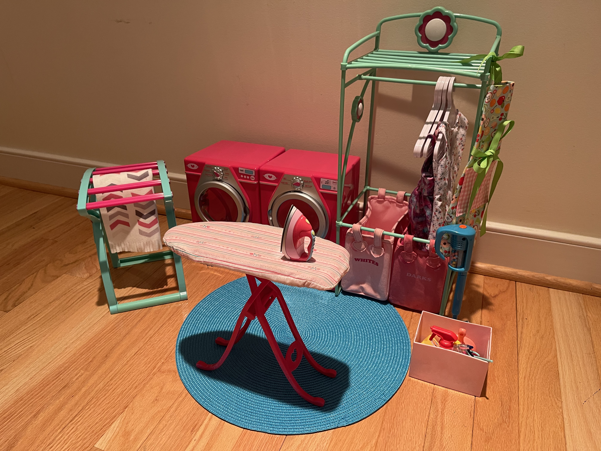 This laundry station is complete with washer, dryer, drying rack, ironing board, laundry sorter and hanger, vacuum, cleaning products. $66