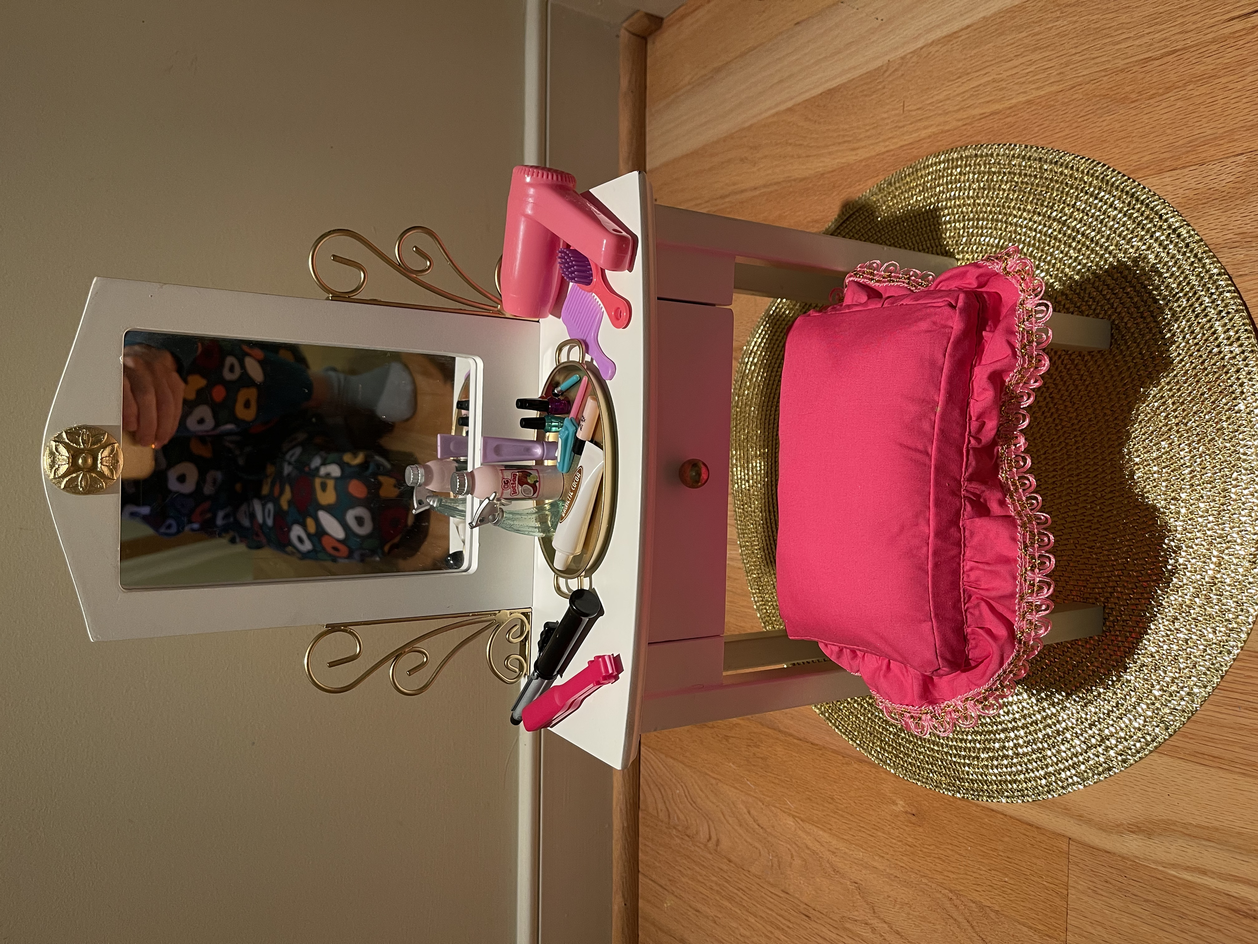 This vanity set includes lots of beauty products and a draw full of hair accessories. $48