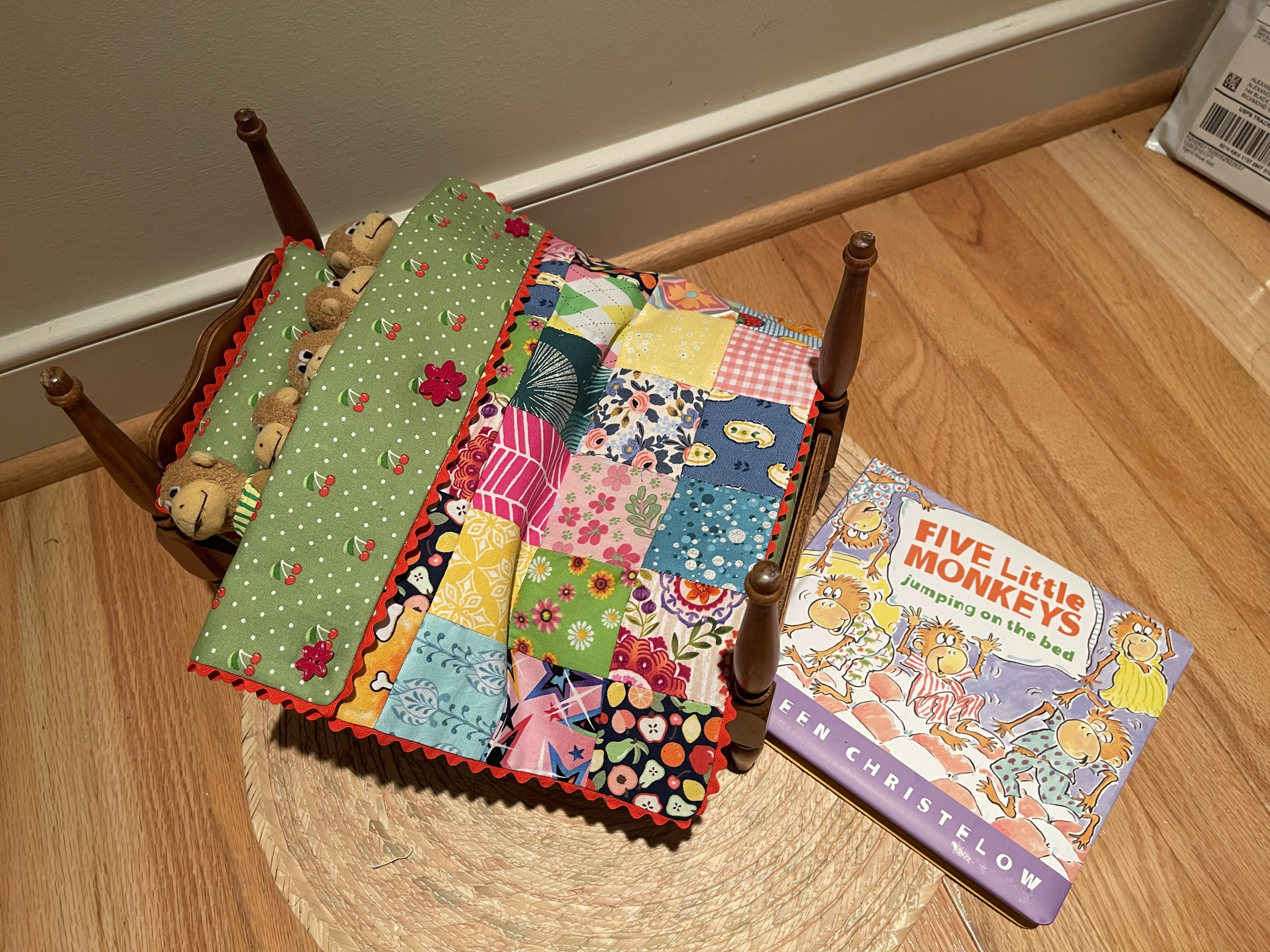 5 Little Monkeys 3 features the 5 monkey, quilt, vintage bed, and book. $78