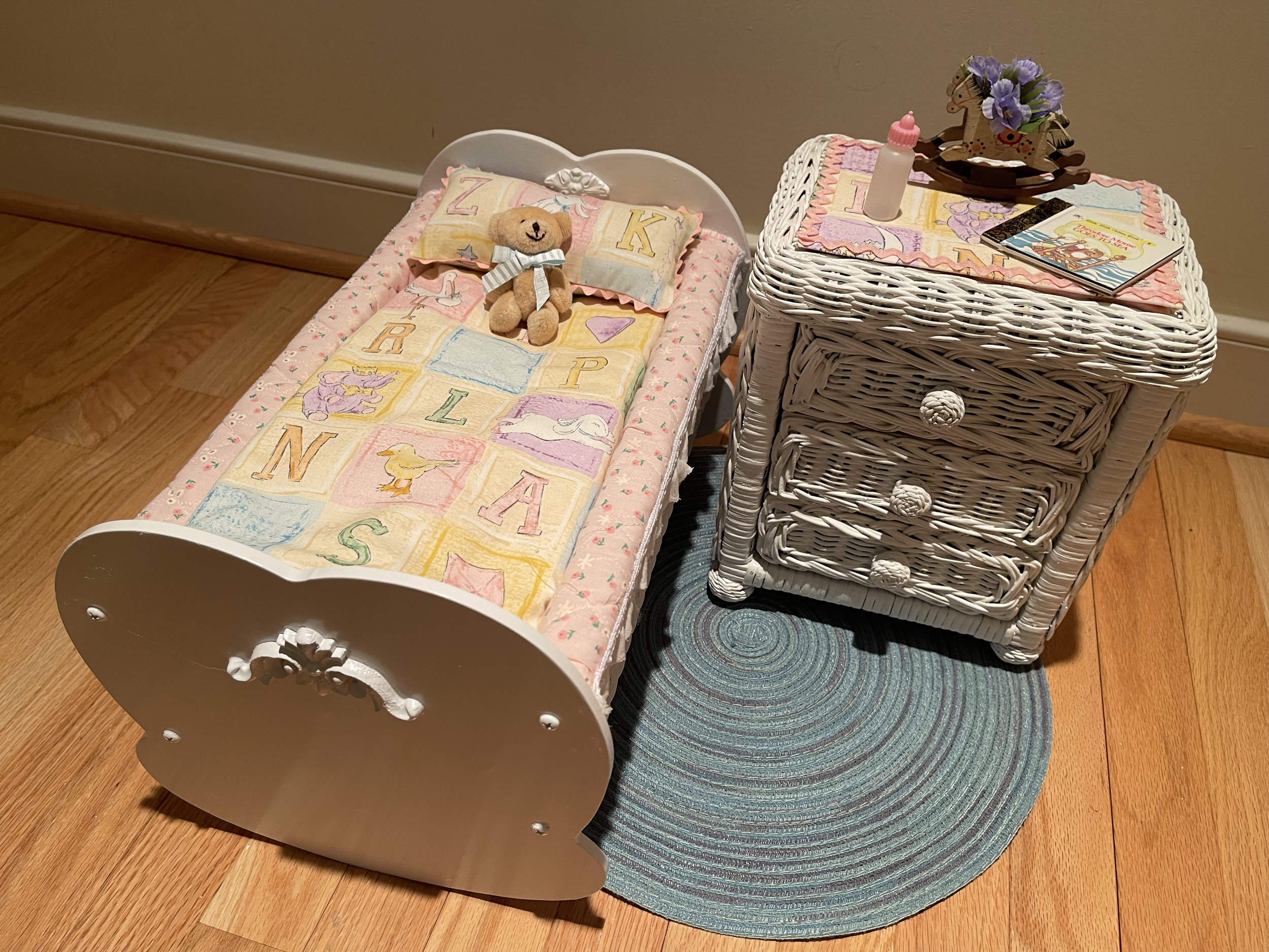 This wicker bed and dresser are in GREAT vintage condition. Bed would accommodate a toy up to 14" long. $112