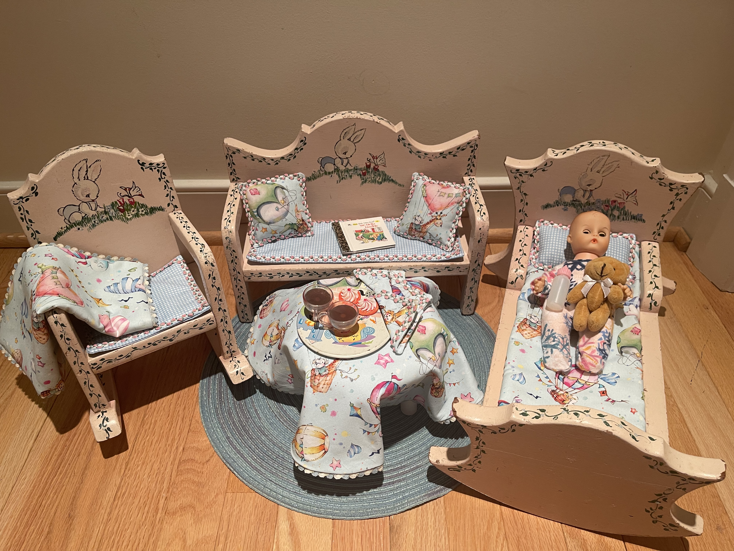 Babysitting Set 1 for 18" doll features vintage hand-painted rocking chair, sofa, and cradle. Included are baby, bottle, book, toy, snacks and drinks for sitters. $115