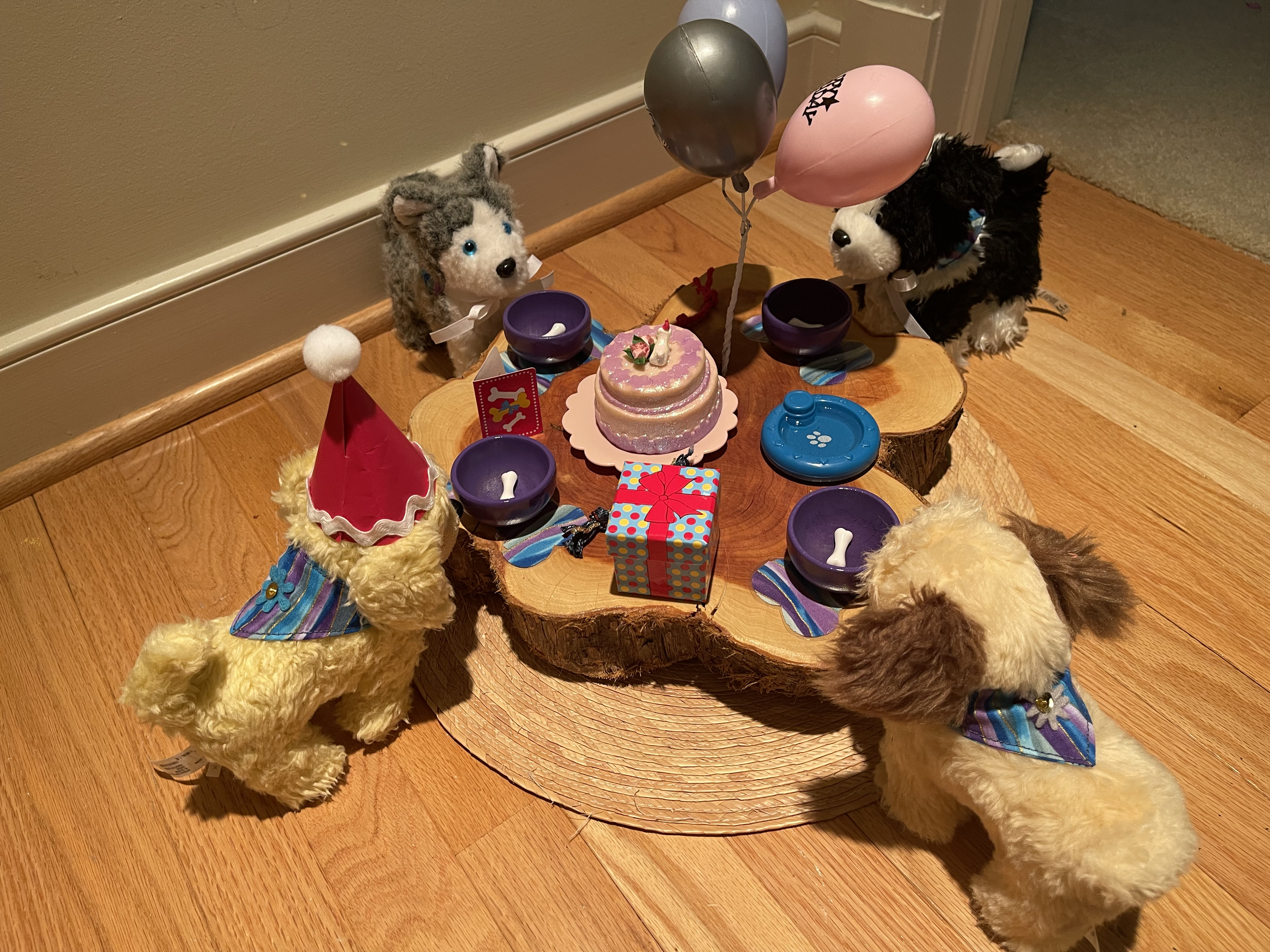 Dog Party 5 features 4 discontinued AG dogs. Included are a cake, water bowl, dog bone-shaped placemats, gifts, snacks, and balloons. $80