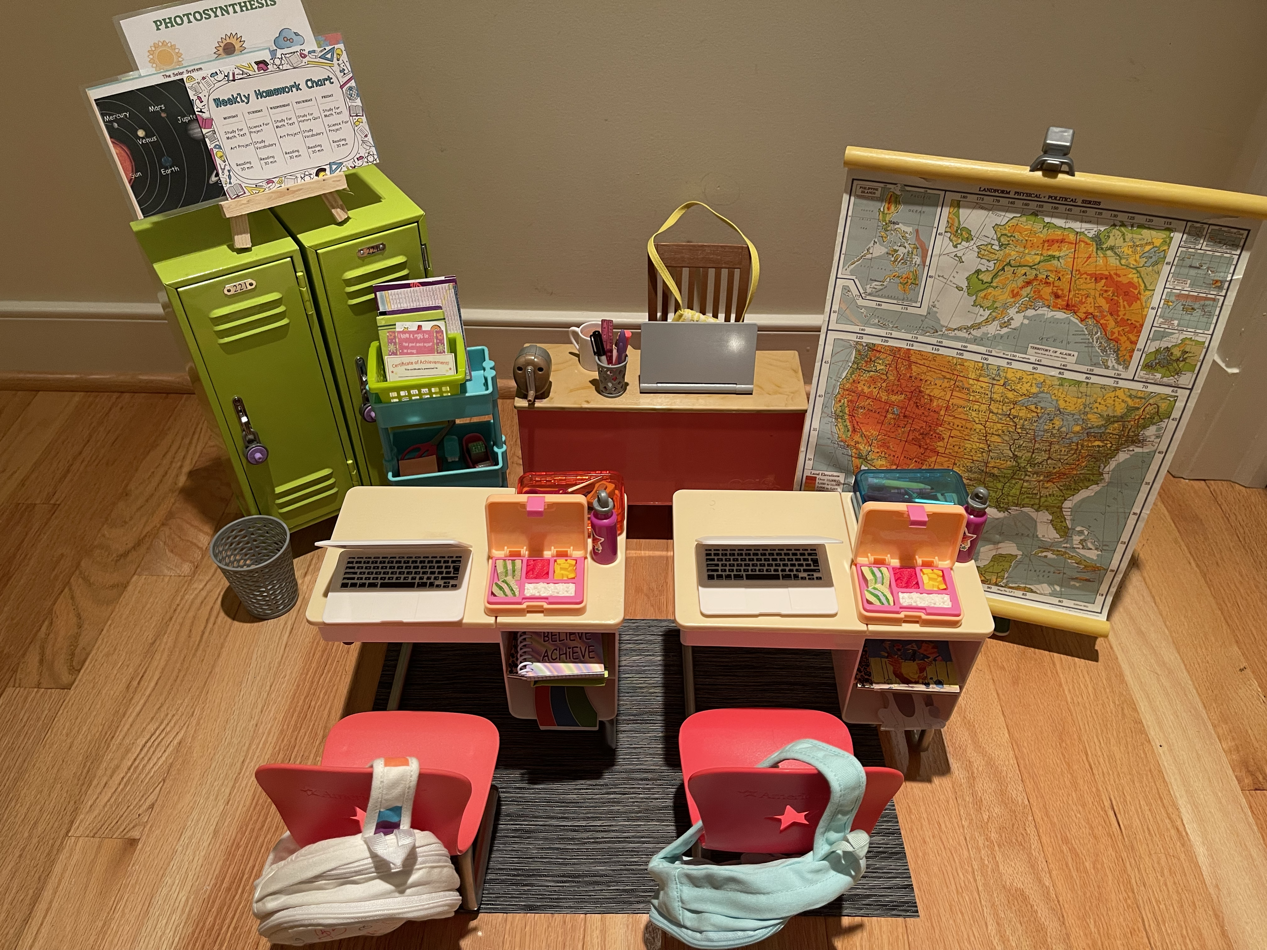 Classroom features discontinued American Girl lockers, desks, and blackboard. There are backpacks, lunches, lots of accessories and school supplies. $198