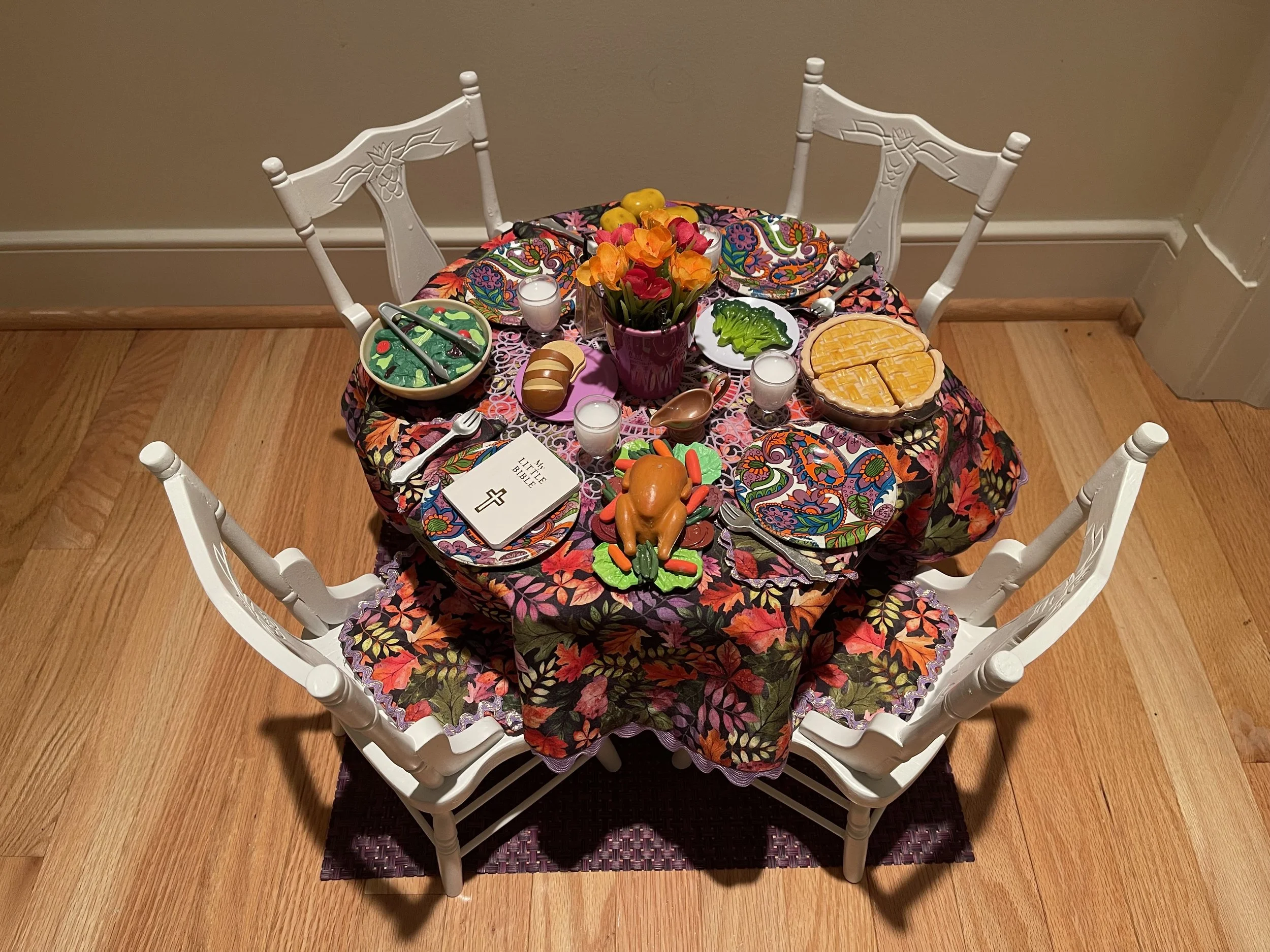 Holiday meal for 4 features everything needed for a fun, delicious celebration. Tablecloth is reversible. $128