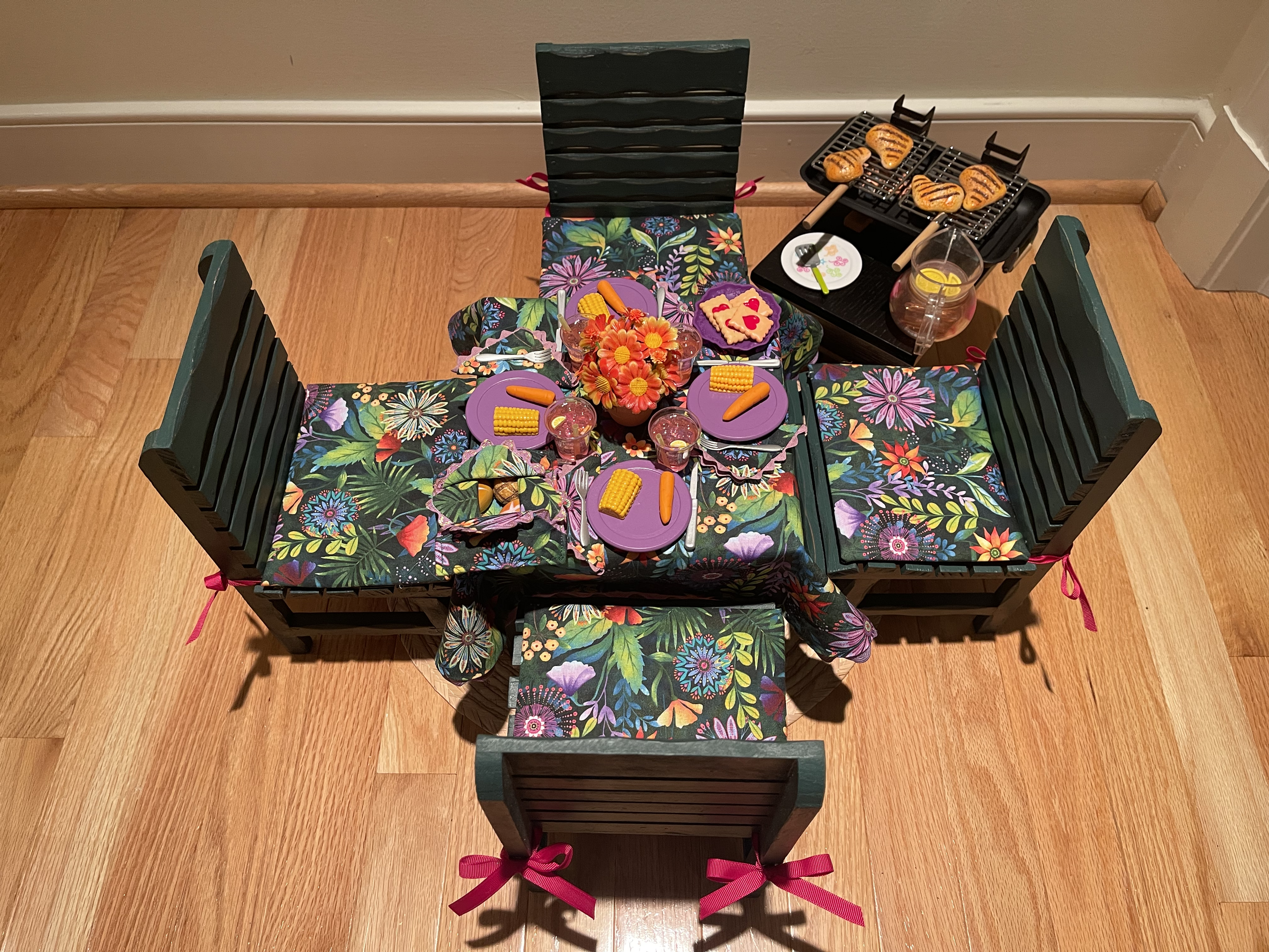 Chicken grilling for 4 features complete meal, grill, and nice wooden table and chairs. $96