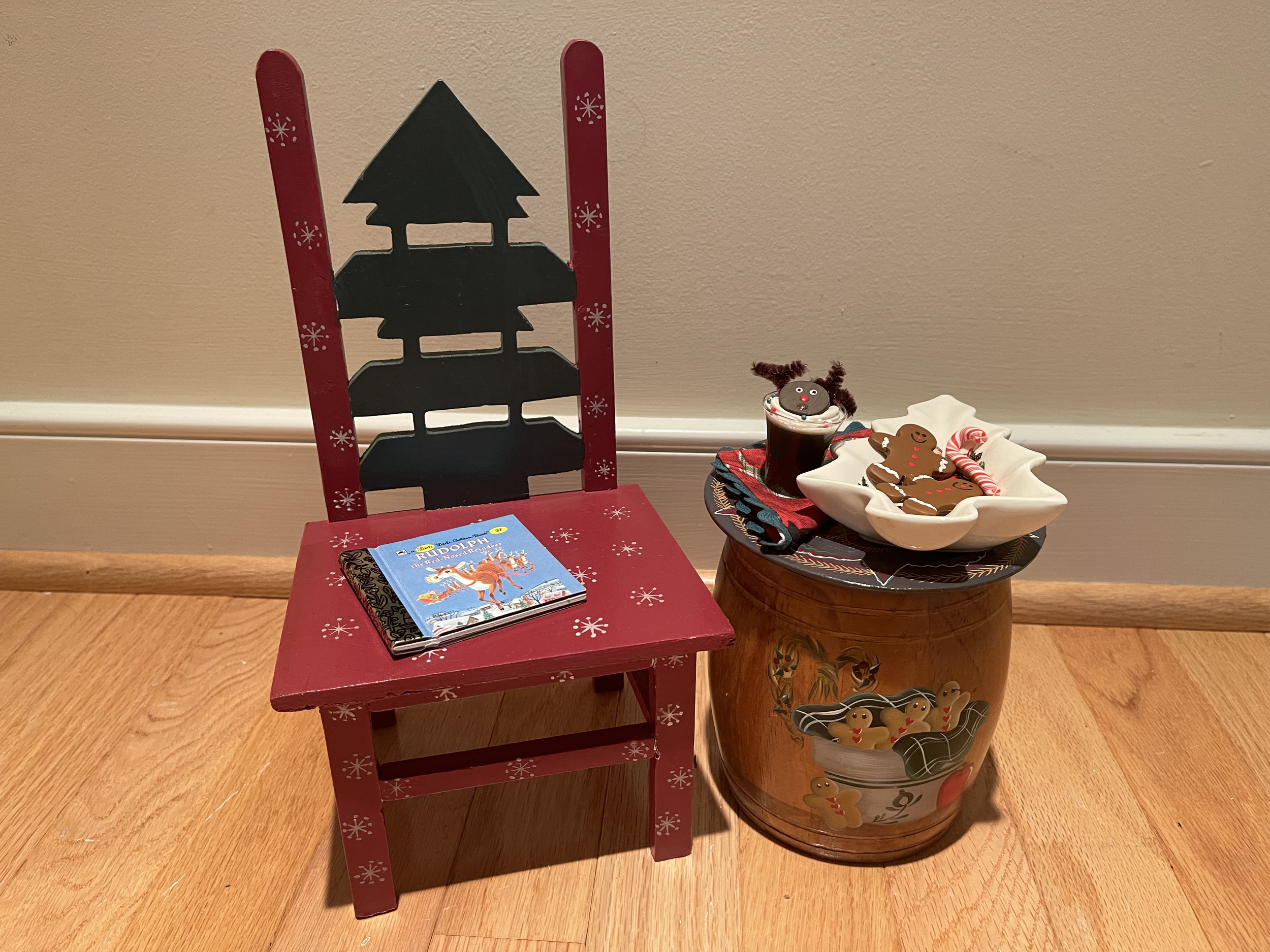 Handpainted barrel has become a snack table for a holiday story time. $44