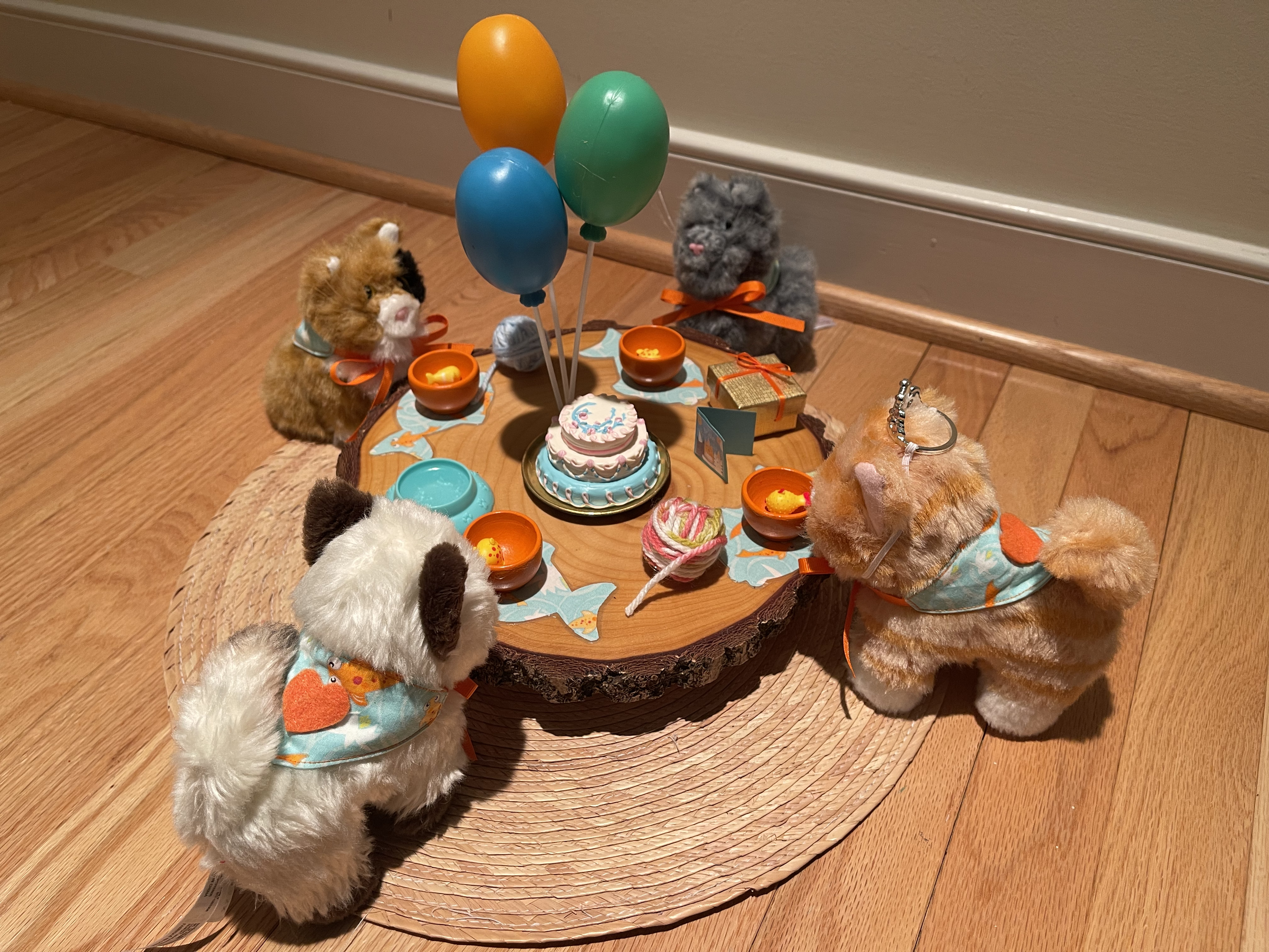 Cat Birthday 1 includes 4 discontinued AG cats, fish placemats, balloons, treats, and gifts for the birthday cat. $78