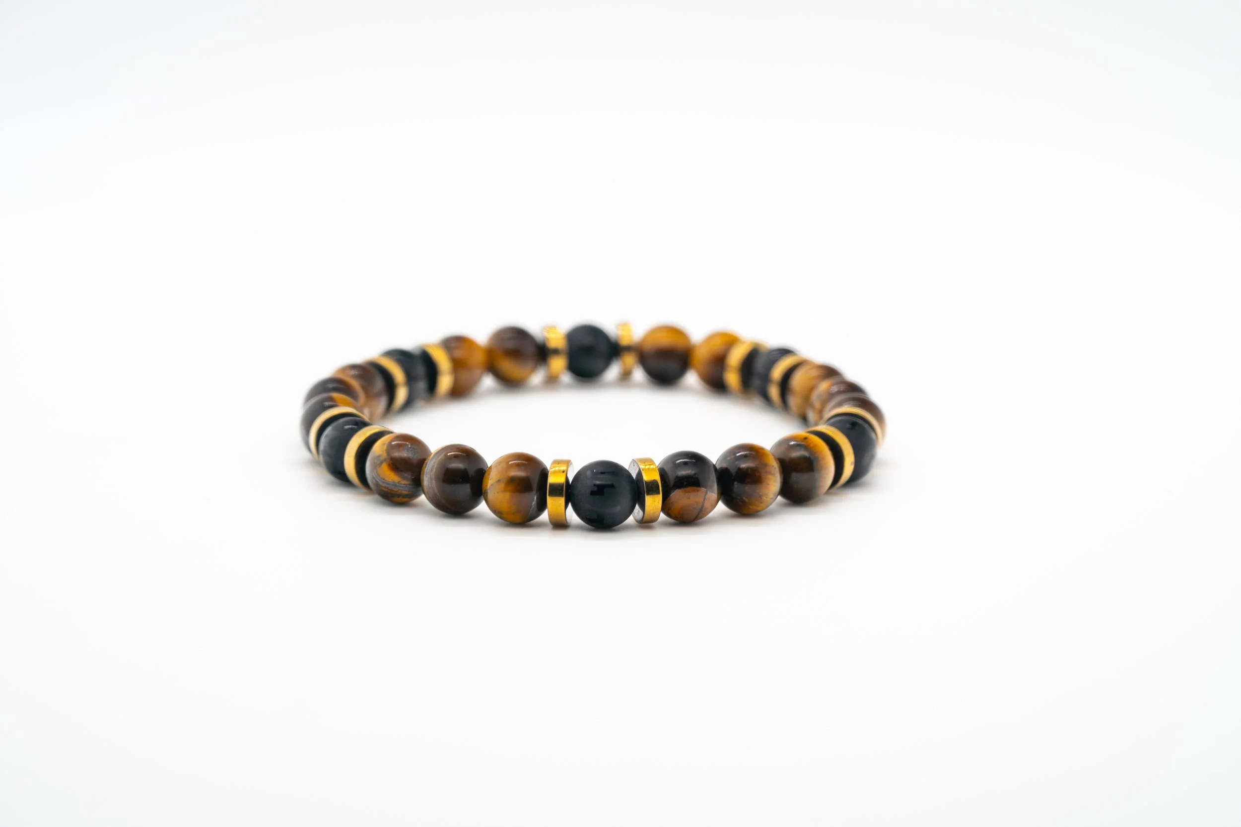 2PCS Natural Stone Tiger Eye & Matte Onyx Prayer Beads Bracelets – Men Women Elastic, Stretch Fit – 7-7.5 Inches, Unbranded