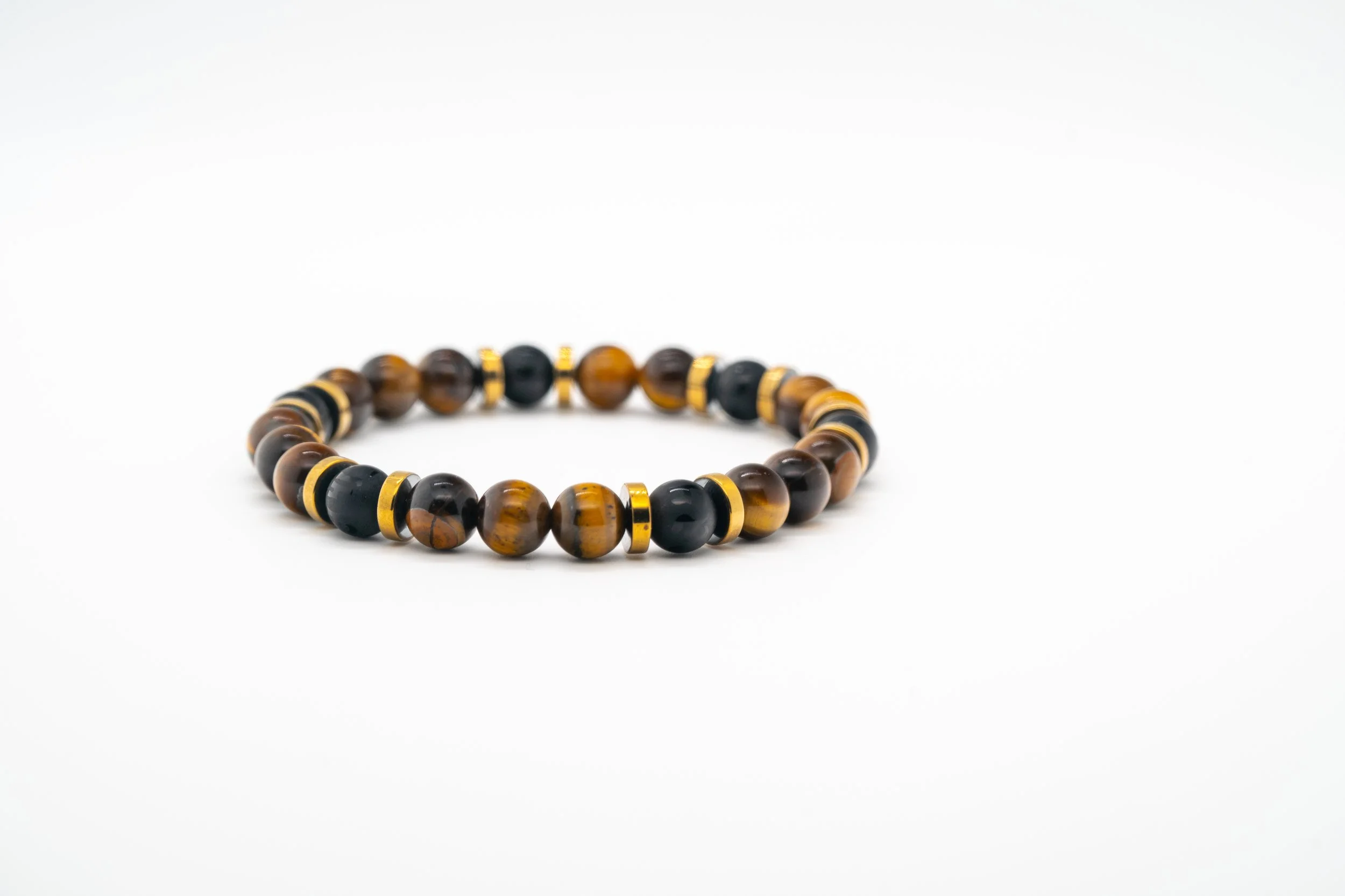 Tiger's Eye & Onyx Bracelet- 8mm Natural Stones with Hematite Spacers