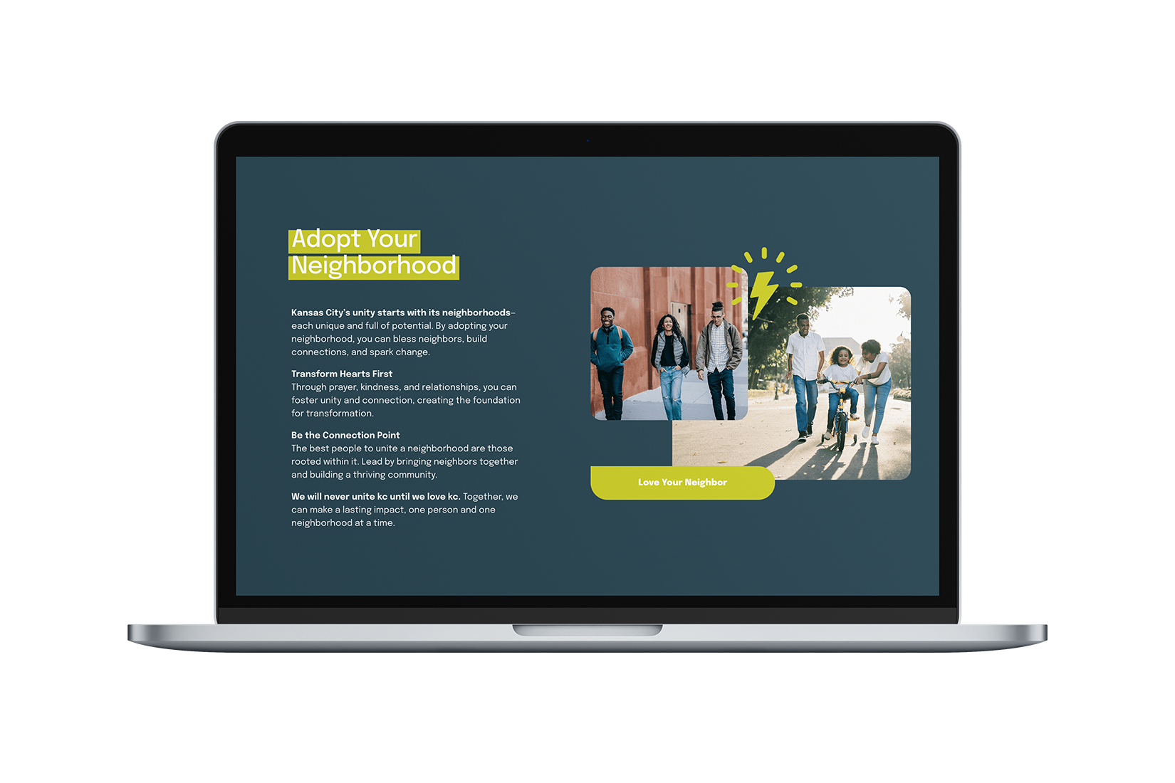 Laptop mockup showing Unite KC Squarespace website page titled “Adopt Your Neighborhood