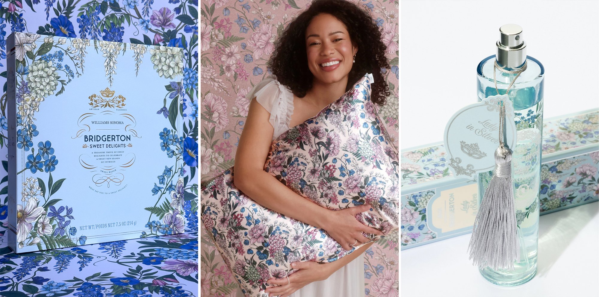 Lady-in-Silver Florals utilized in officially-licensed Bridgerton collaborations with Williams Sonoma (L), Kitsch (C) and Dusk Australia (R)