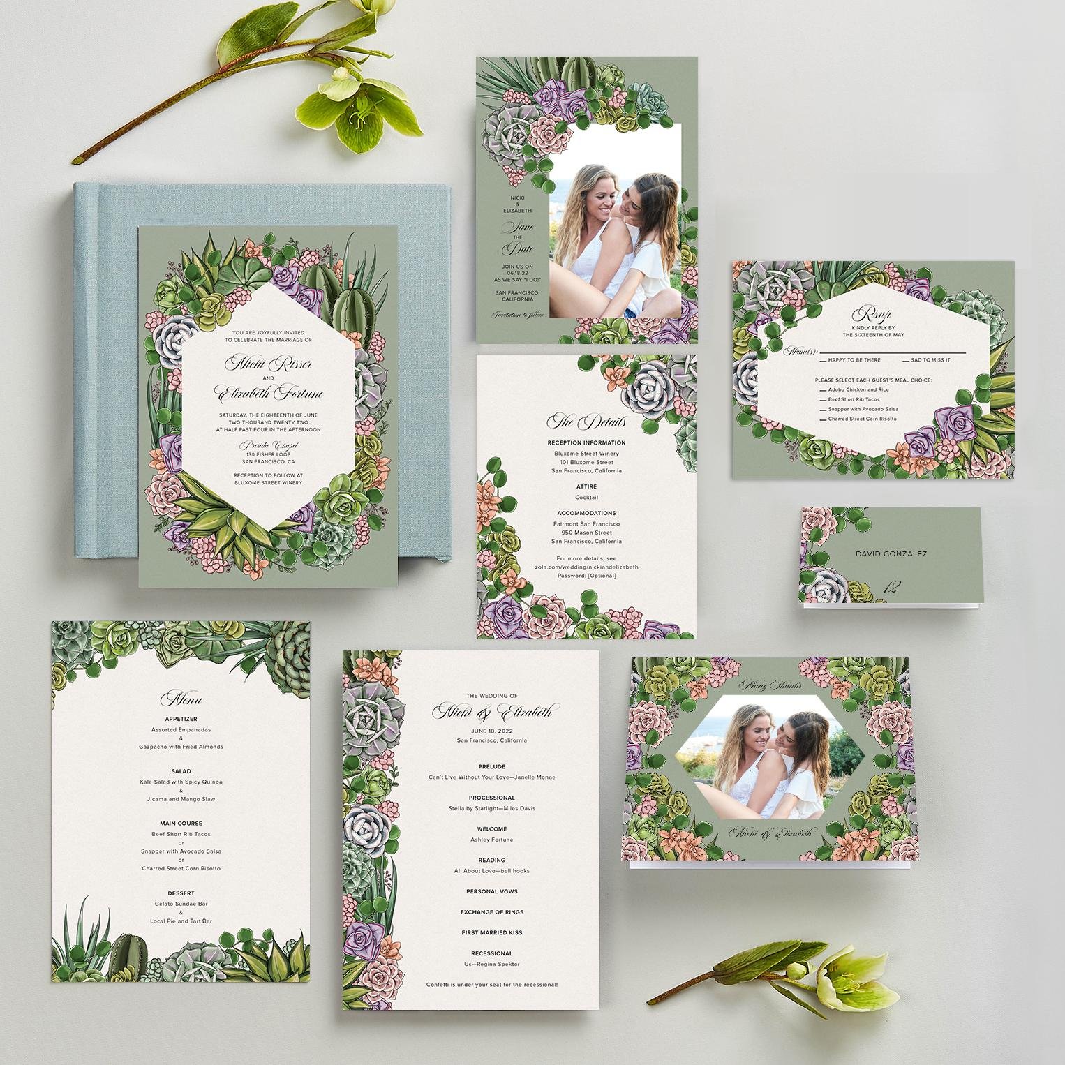 Patencio (Green) Collection of Zola wedding invitations by professional illustrator Maggie Enterrios