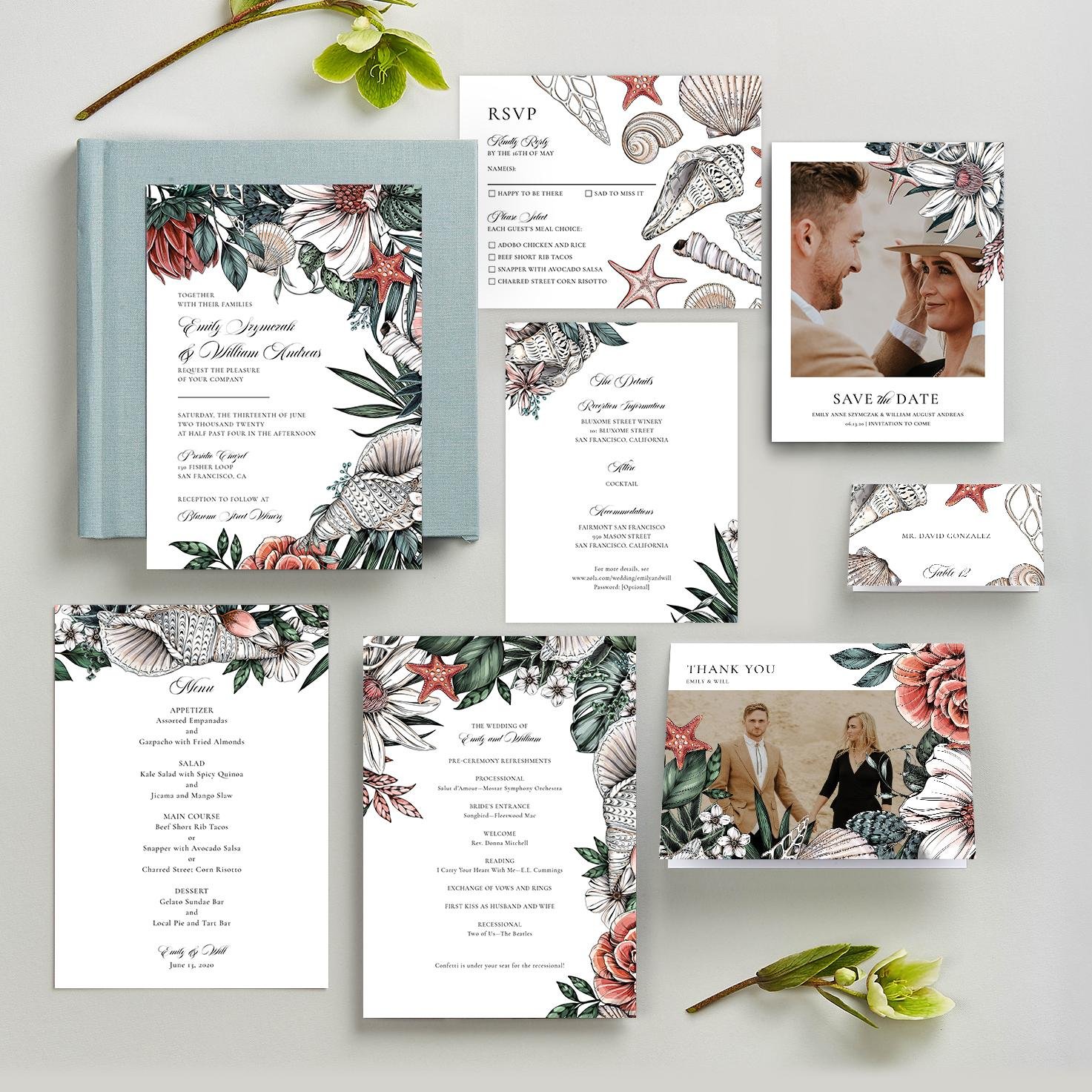 Oahu Collection of Zola wedding invitations by professional illustrator Maggie Enterrios
