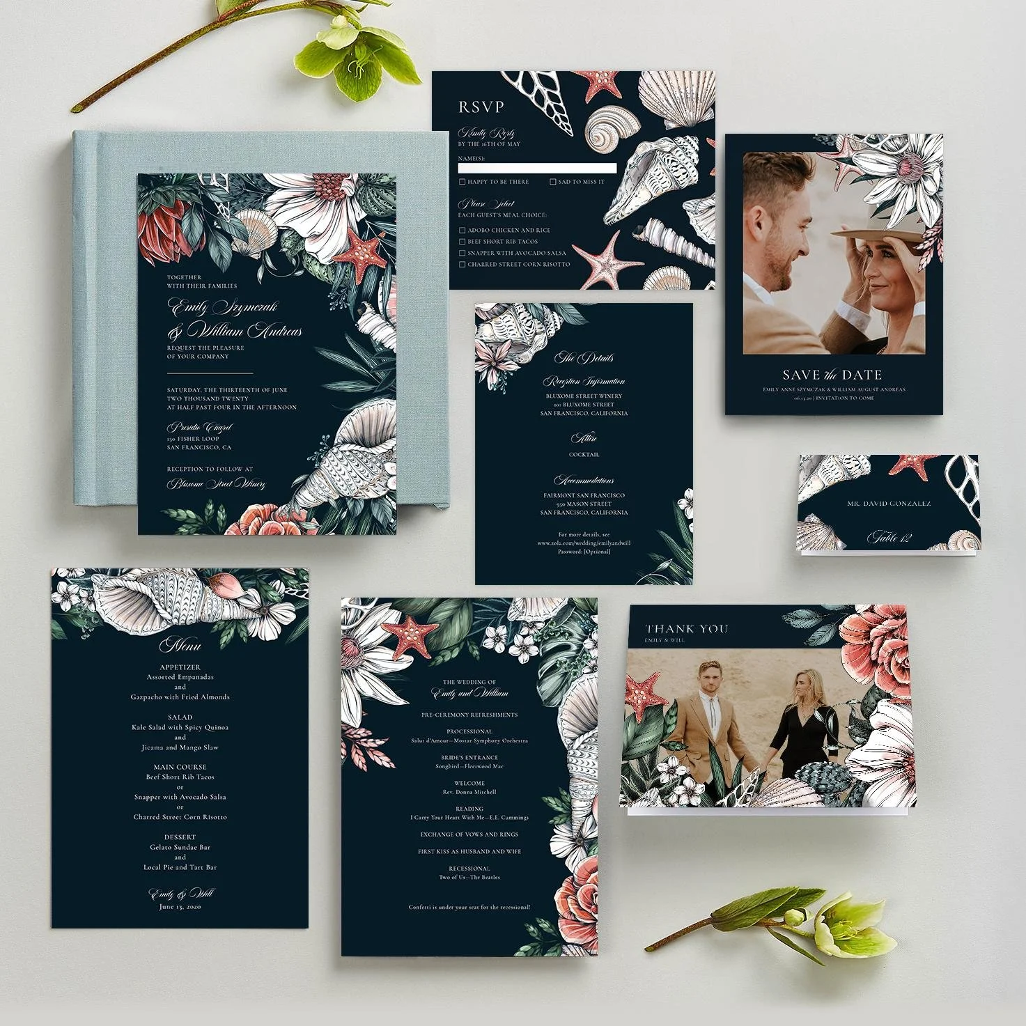 Oahu Blue Collection of Zola wedding invitations by professional illustrator Maggie Enterrios