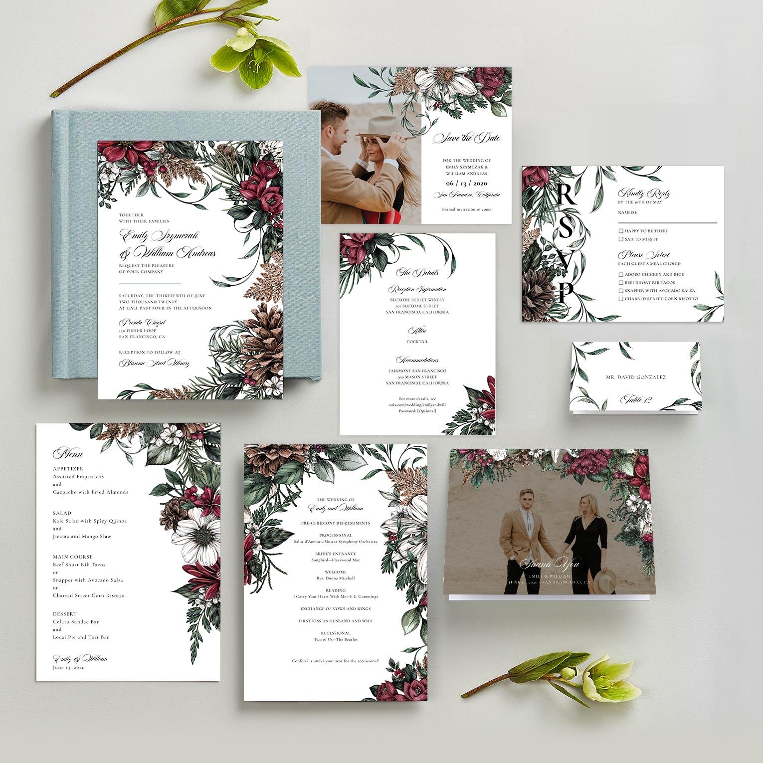 Poconos Collection of Zola wedding invitations by professional illustrator Maggie Enterrios