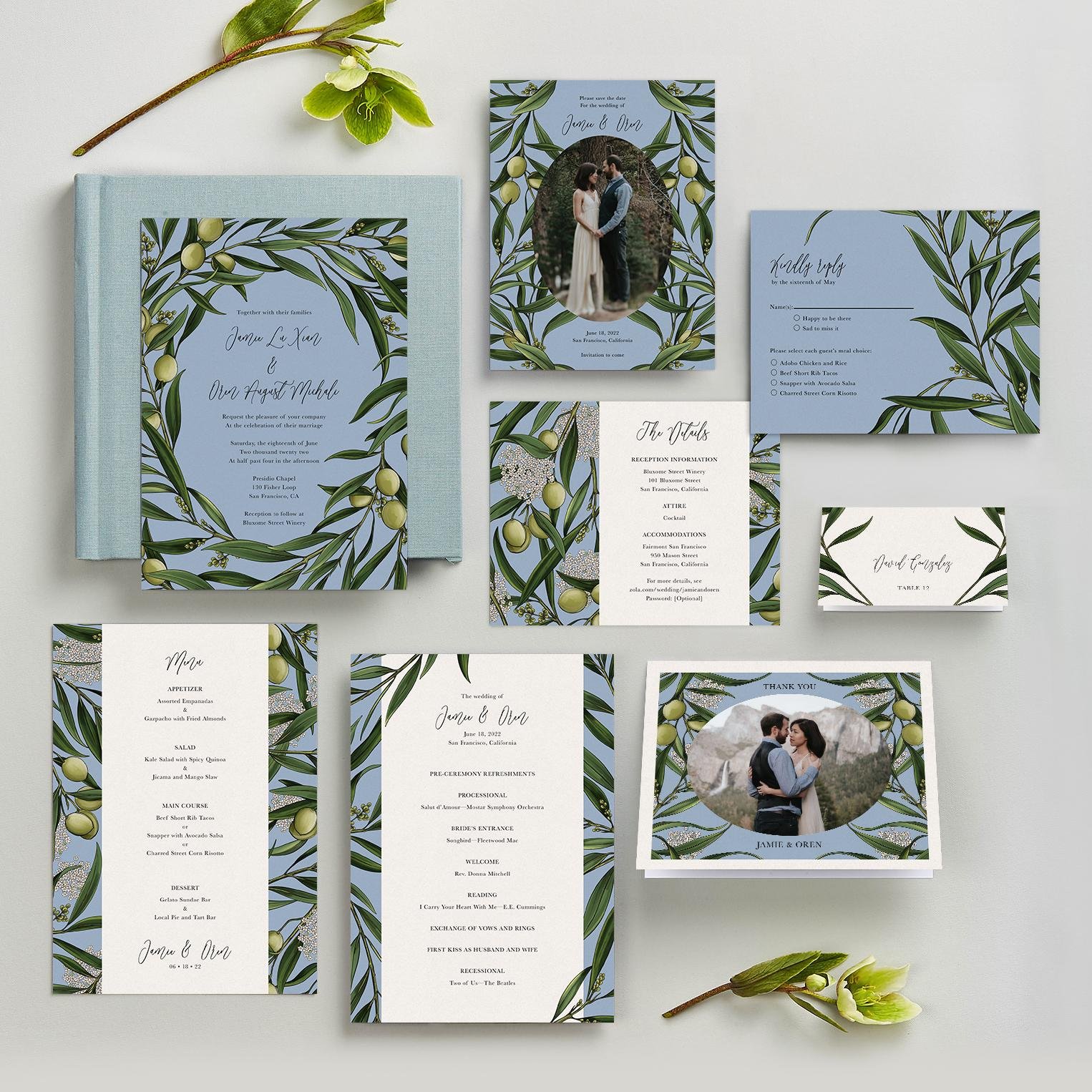 Serena Blue Collection of Zola wedding invitations by professional illustrator Maggie Enterrios