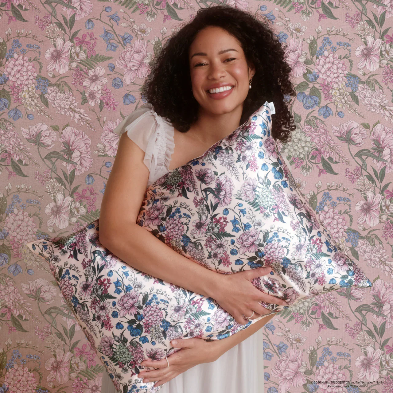 Maggie Enterrios floral pattern illustration for Bridgerton Kitsch limited edition brand collaboration pillowcase