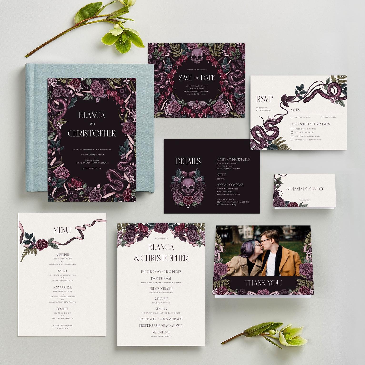 Moreau Dark Collection of Zola wedding invitations by professional illustrator Maggie Enterrios