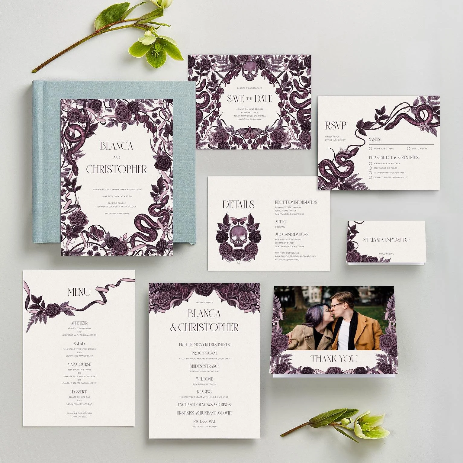 Moreau Collection of Zola wedding invitations by professional illustrator Maggie Enterrios