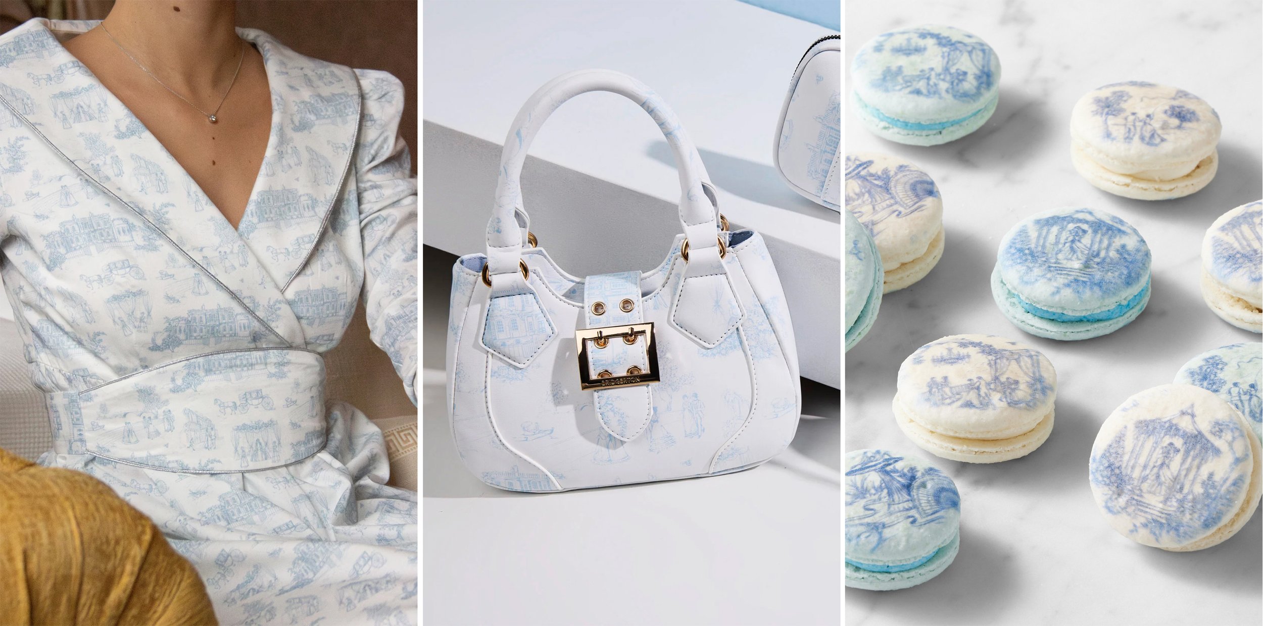 Toile utilized in officially-licensed Bridgerton collaborations with The IQ Collection (L), Deichmann (C) and Williams Sonoma (R)
