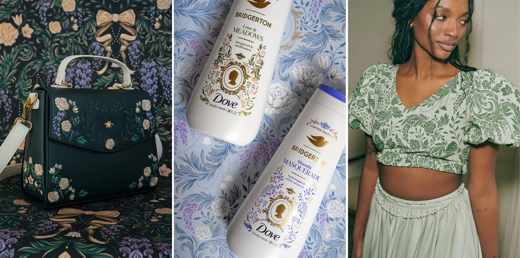 Damask utilized in officially-licensed Bridgerton collaborations with Loungefly (L), Dove (C) and Nuuly (R)
