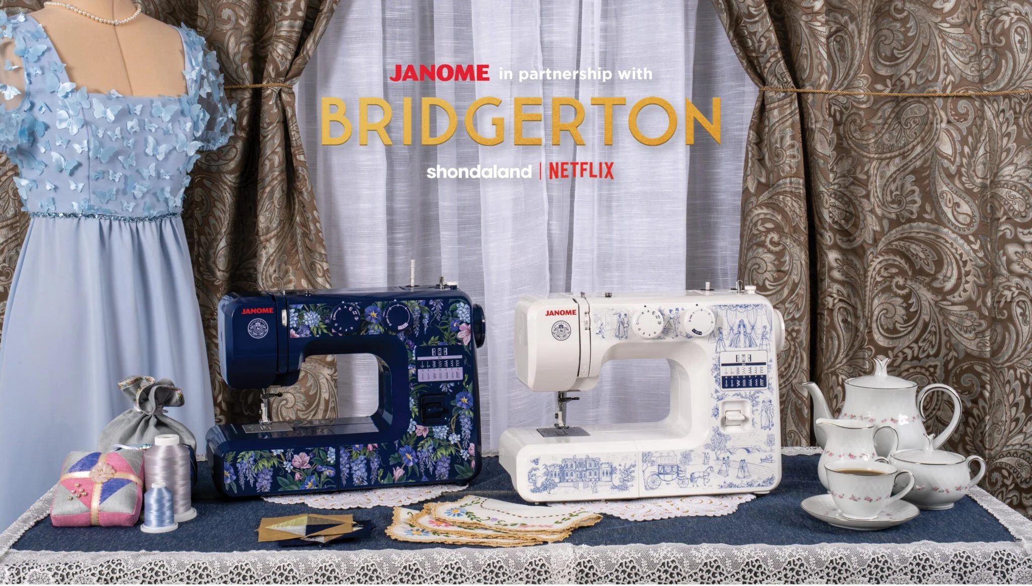 Janome sewing machine with Wisteria Promenade and Toile Romance surface pattern from Bridgerton collaboration