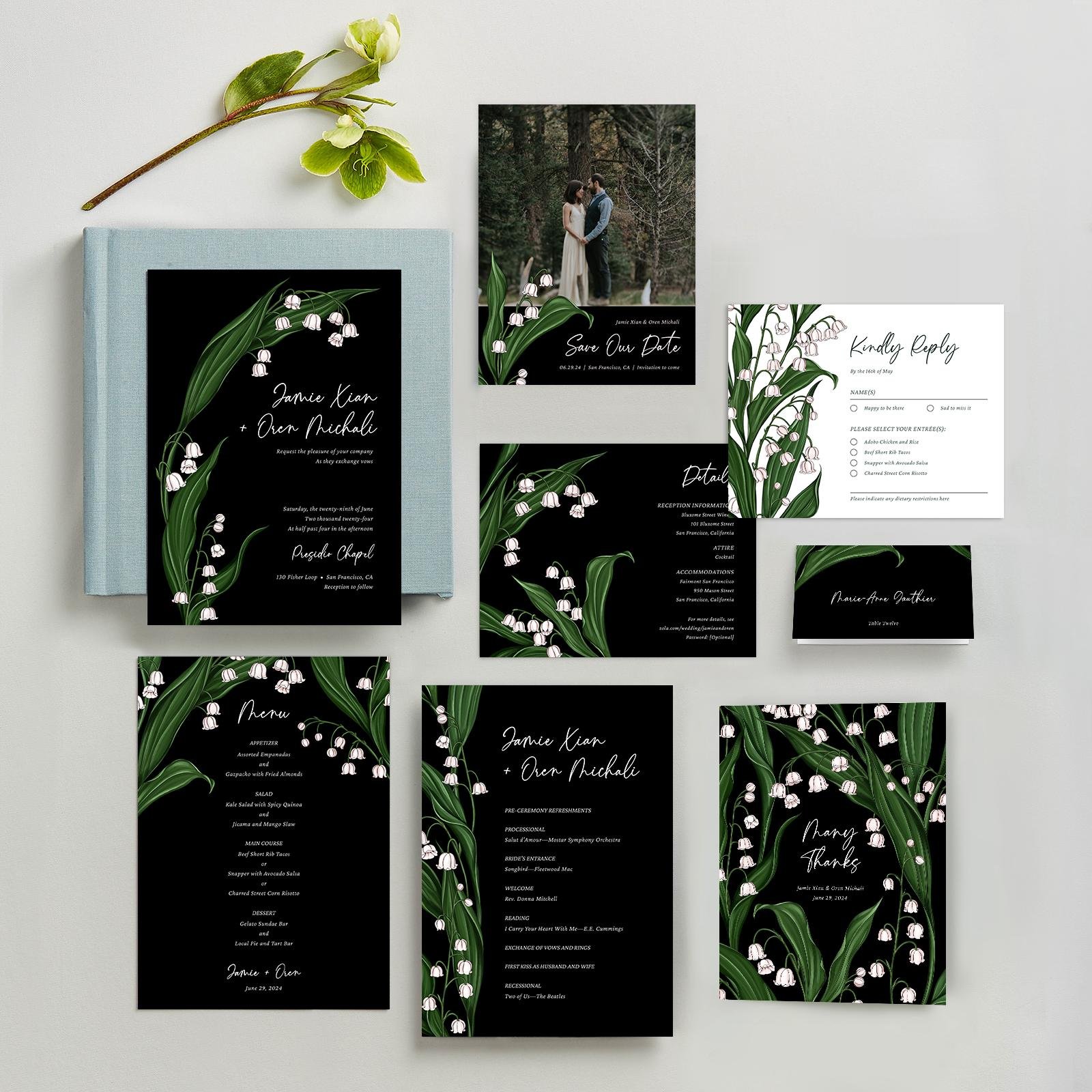 Cora Dark Collection of Zola wedding invitations by professional illustrator Maggie Enterrios