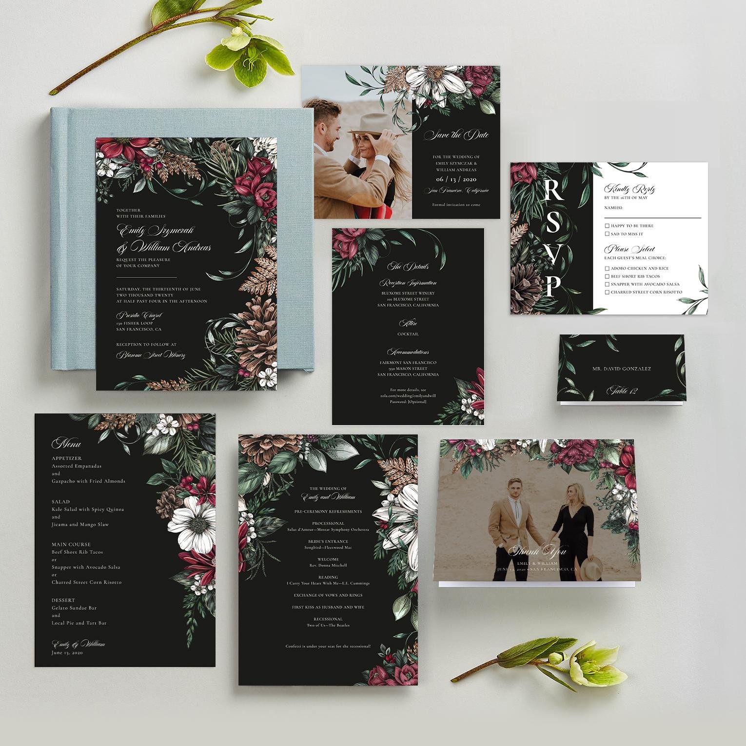 Poconos (Dark) Collection of Zola wedding invitations by professional illustrator Maggie Enterrios