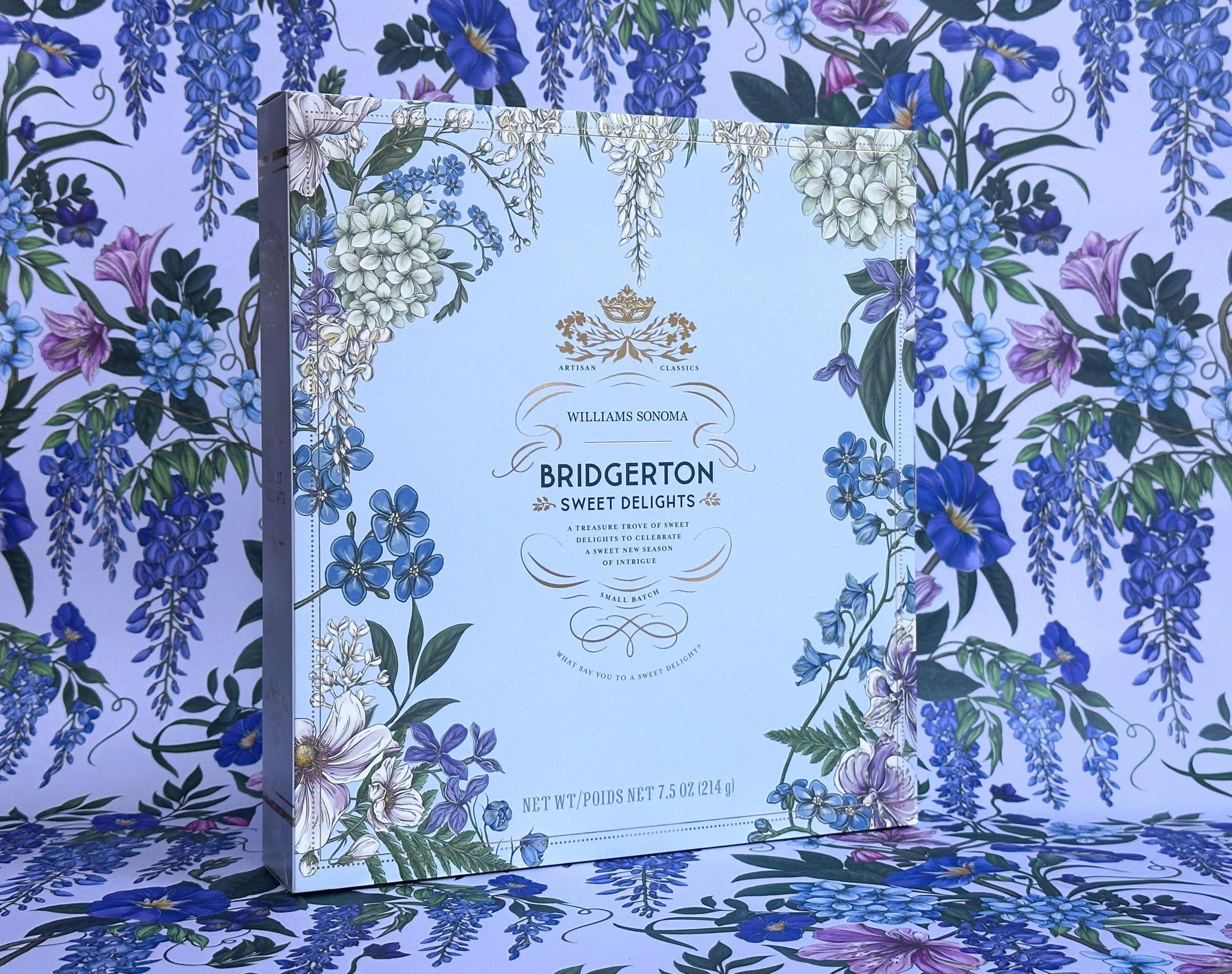 Williams Sonoma Bridgerton Sweet Delights advent calendar illustrated by Maggie Enterrios featuring Regency inspired botanical packaging