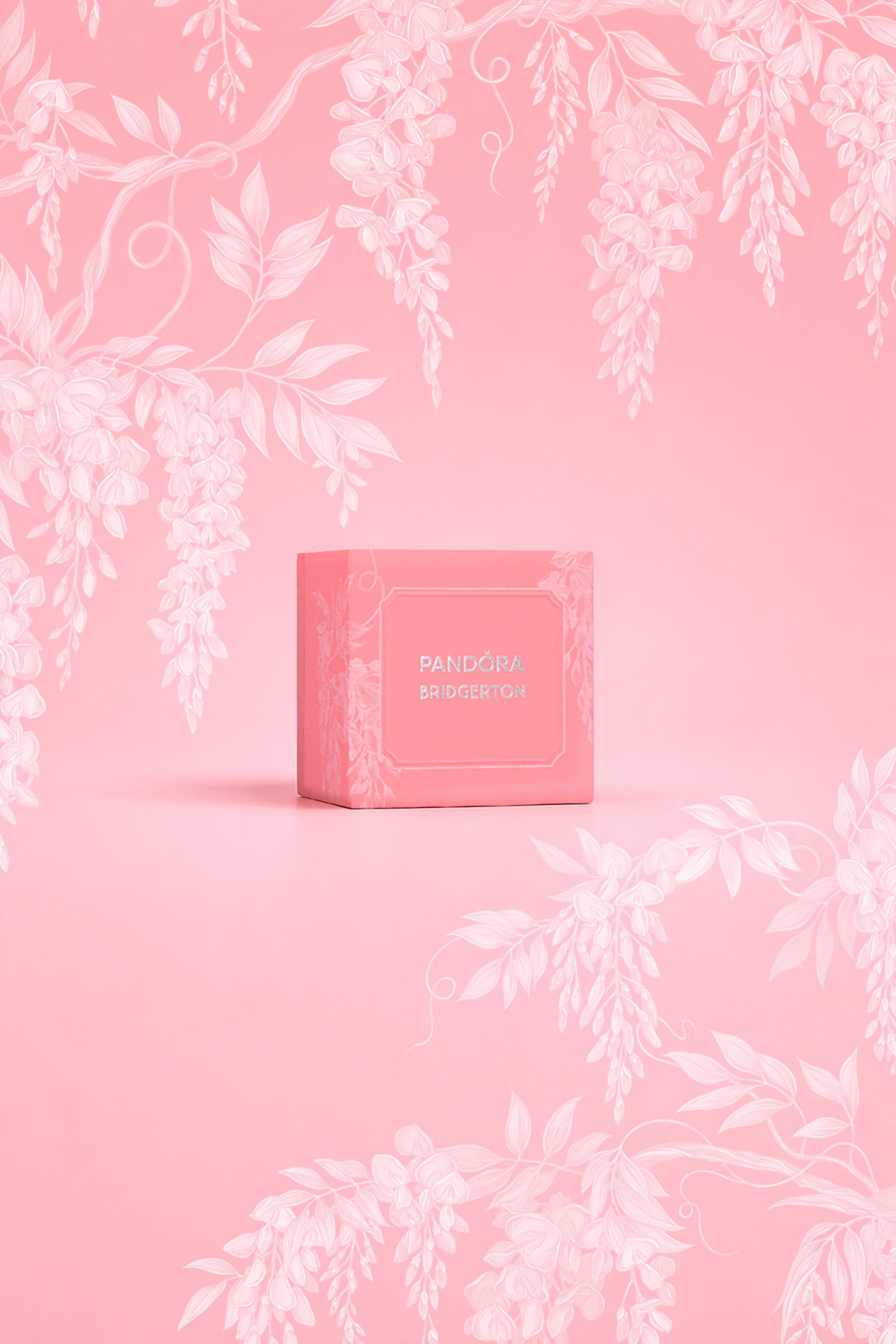 image of pink special edition bridgerton x pandora limited edition collaboration with botanical artwork by Maggie Enterrios