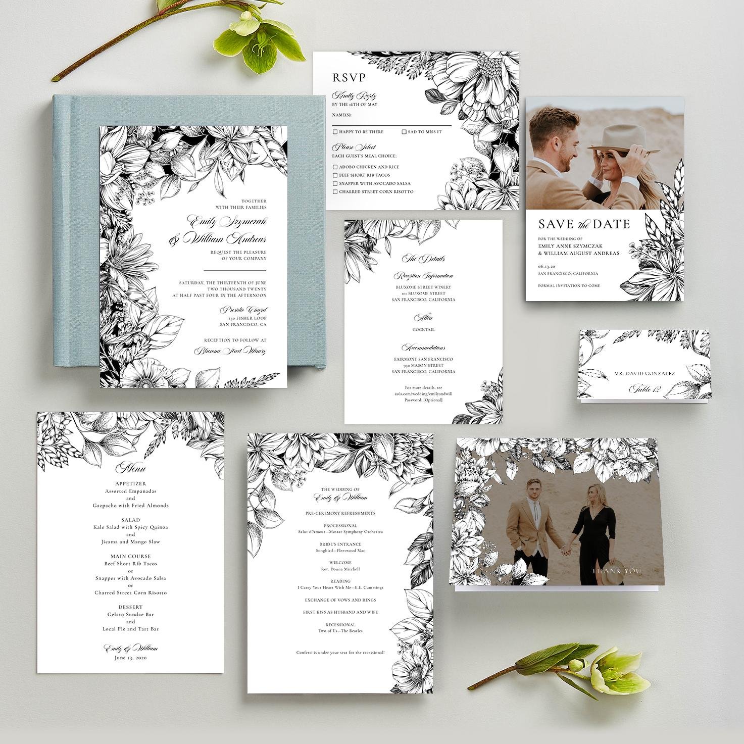 Gardener B + W Collection of Zola wedding invitations by professional illustrator Maggie Enterrios