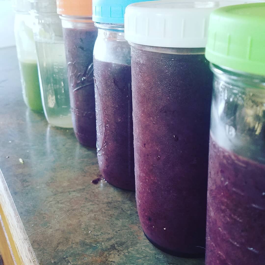 This is the Liver Rescue Morning (on the go style). From left to right Celery Juice, Lemon Ginger Water, and 4 liver rescue smoothies (2 for Greg &amp; 2 for me). Colorful lids are also a nice touch. We have found them to be more of a tight seal than
