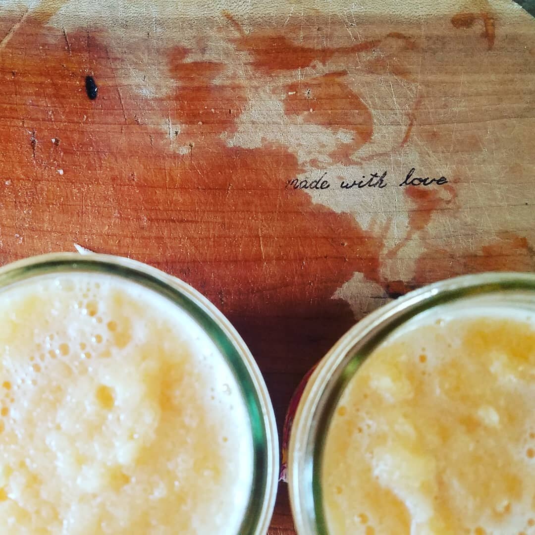 DAY 9: Blended Cantaloupe!! So creamy! Also featured in this picture is a beautiful cutting board that @seafaringwoodcrafts made me as a gift! It's a celery sized cutting board that says &quot;made with love&quot;. 

It's also great to infuse love in