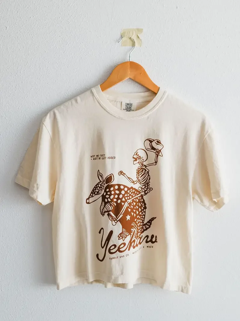 Yeehaw Skeleton + Armadillo | Cream Comfort Colors Boxy Cropped Tee