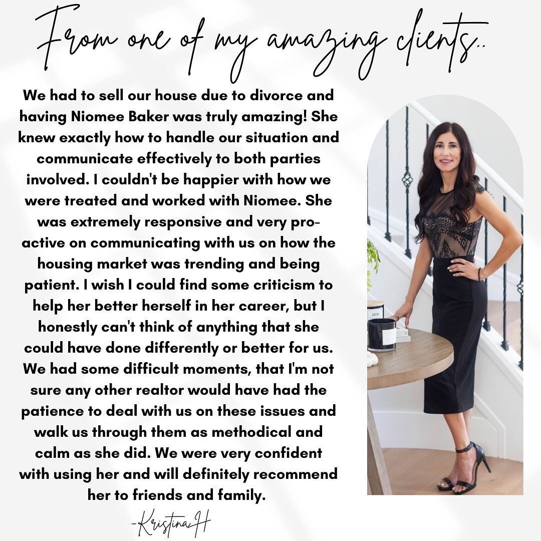 From one of my amazing clients 🖤

We had to sell our house due to divorce and having Niomee Baker as our realtor was truly amazing! She knew exactly how to handle our situation and communicate effectively to both parties involved. I couldn't be happ