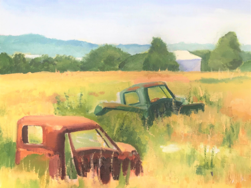 Vintage Trucks in Truchas -  Oil on canvas 15"x12" (with frame)
