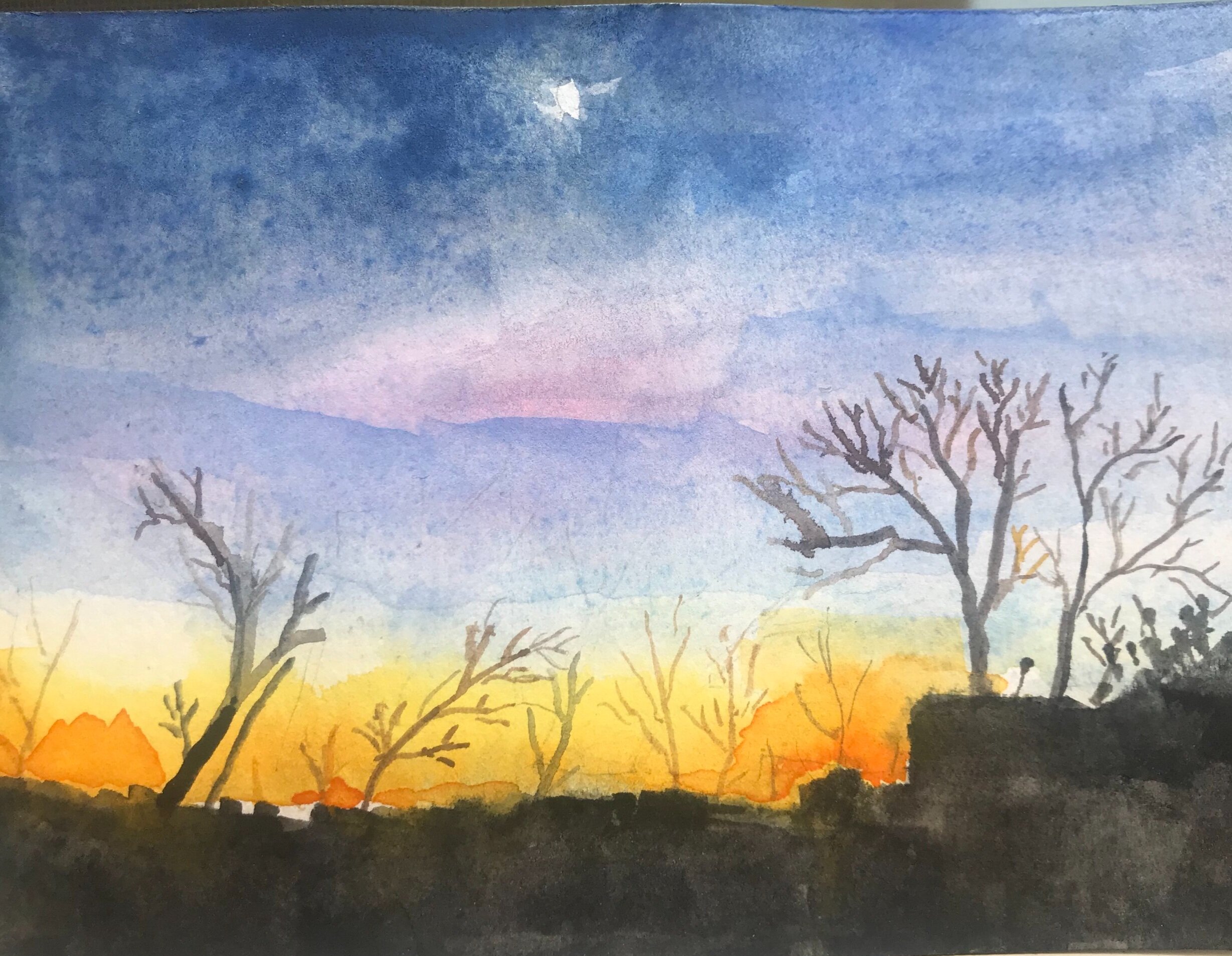 Winter Moonlight- Watercolor 7.5"x5"