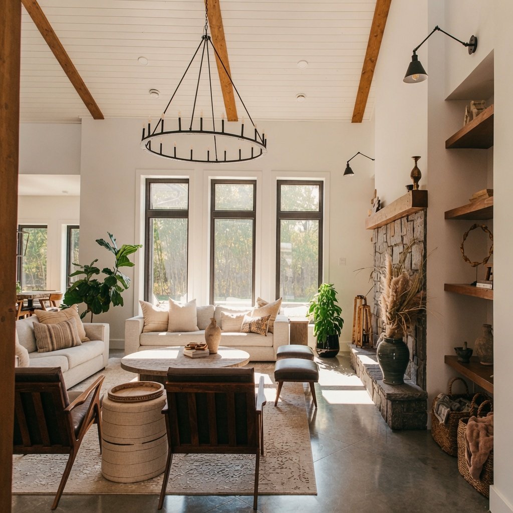 Custom home living room with shiplap walls, stone fireplace and built-in shelving